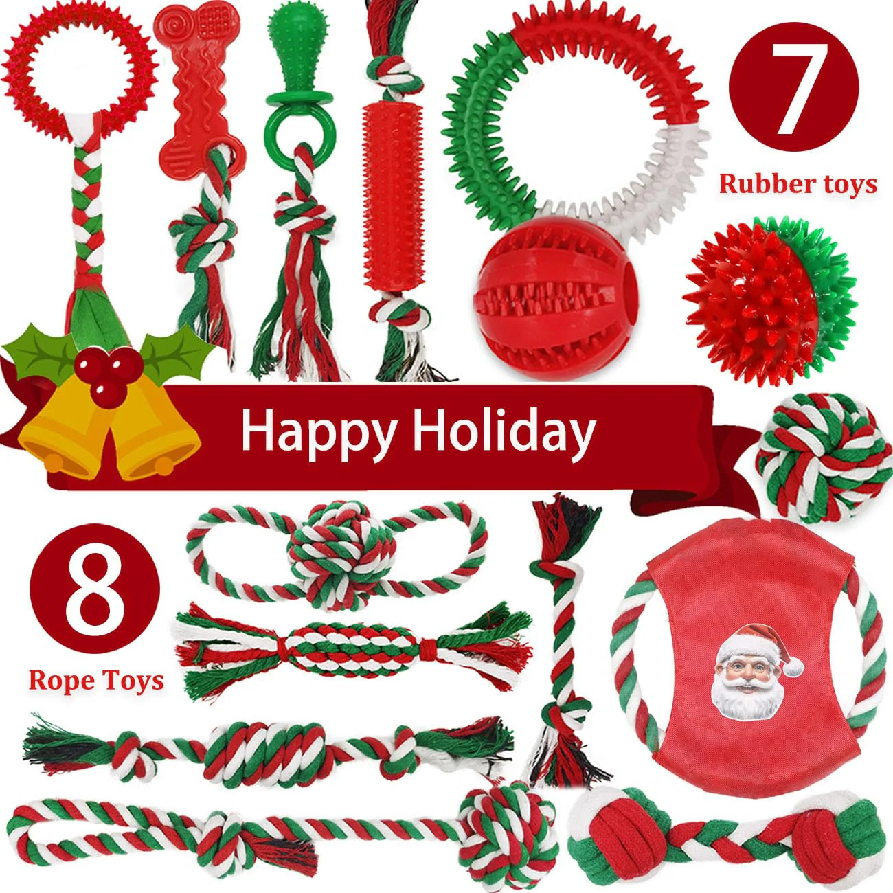 Beiker Christmas Dog Toys Bulk 15 Pack, Puppy Chew Toys for Teething Small Medium Puppies, Holiday Christmas Themed Presents Gifts Box Including Variety Tough Rubber and Rope Toys - Image 8