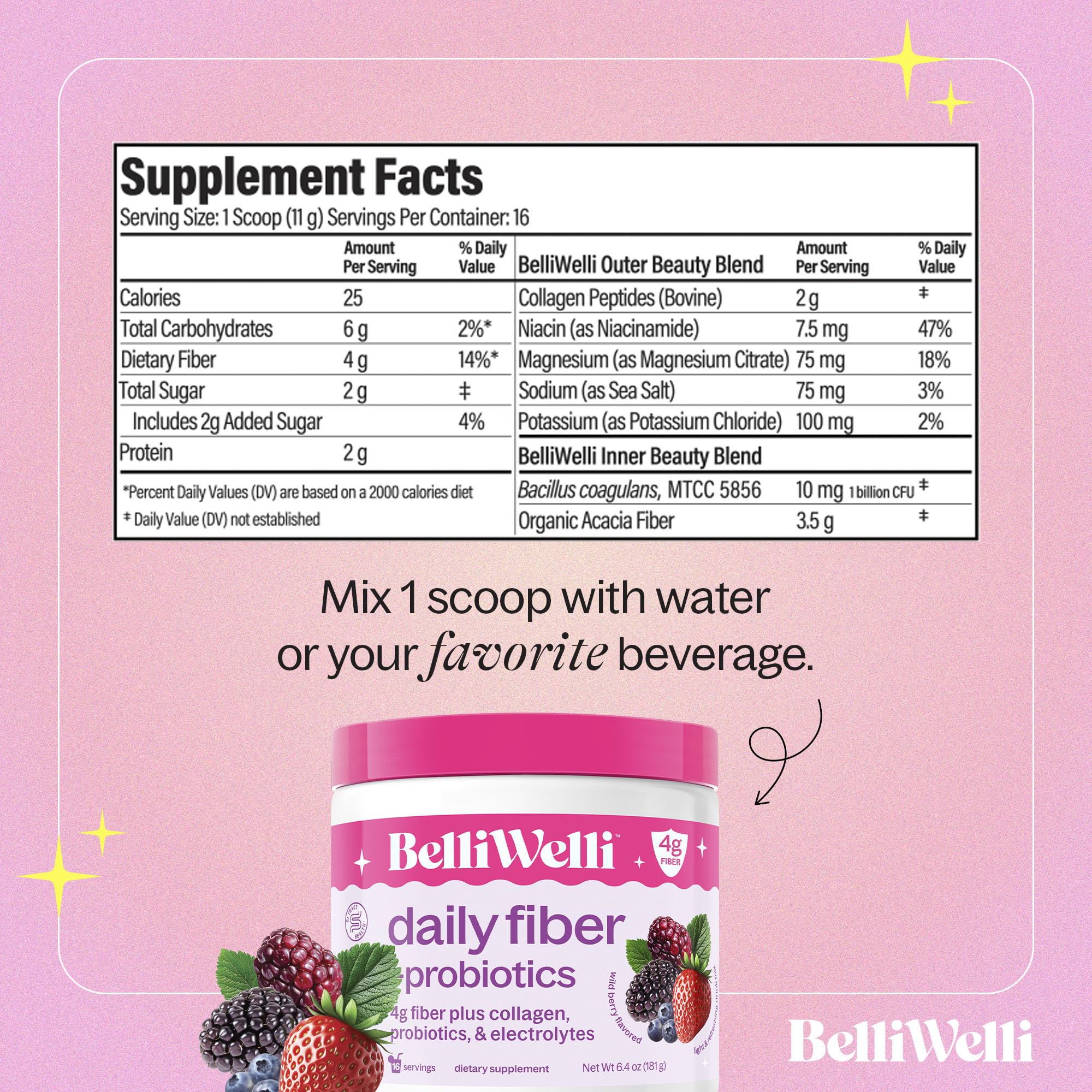 Belli Welli Fiber Supplement for Women & Men – Premium Daily Fiber Powder from Organic Acacia with Added Collagen, Electrolytes & Probiotics – No Bloat, Constipation & Gut Health Support (Wild Berry) - Image 2