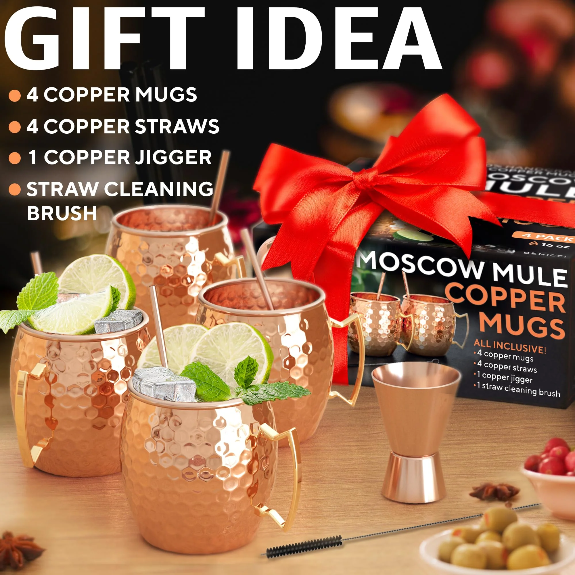 Benicci Moscow Mule Copper Mugs - Set of 4-100% HANDCRAFTED - Food Safe Pure Solid Copper Mugs - 16 oz Christmas Gift Set with Premium Quality Cocktail Straws and Jigger! - Image 5