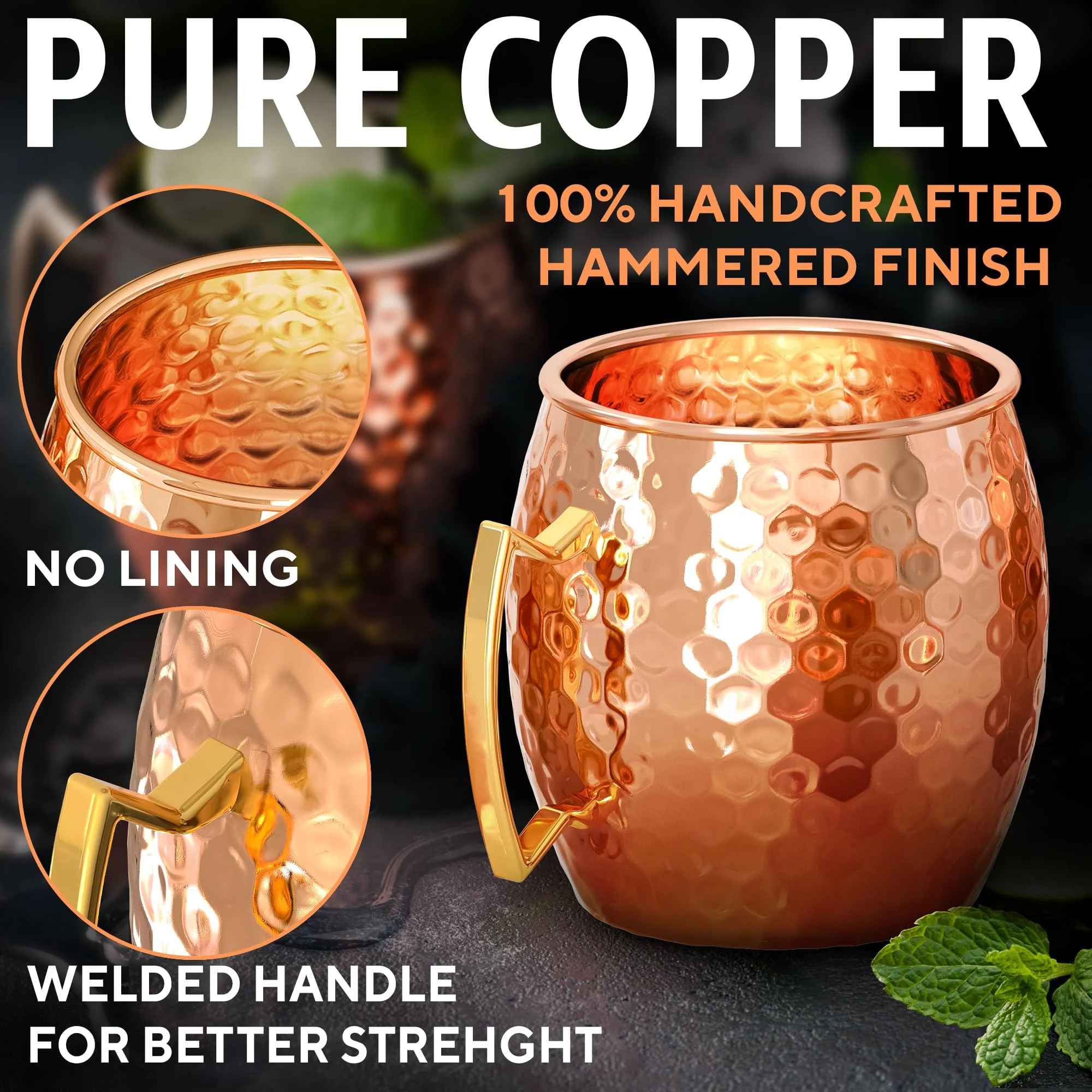 Benicci Moscow Mule Copper Mugs - Set of 4-100% HANDCRAFTED - Food Safe Pure Solid Copper Mugs - 16 oz Christmas Gift Set with Premium Quality Cocktail Straws and Jigger! - Image 7