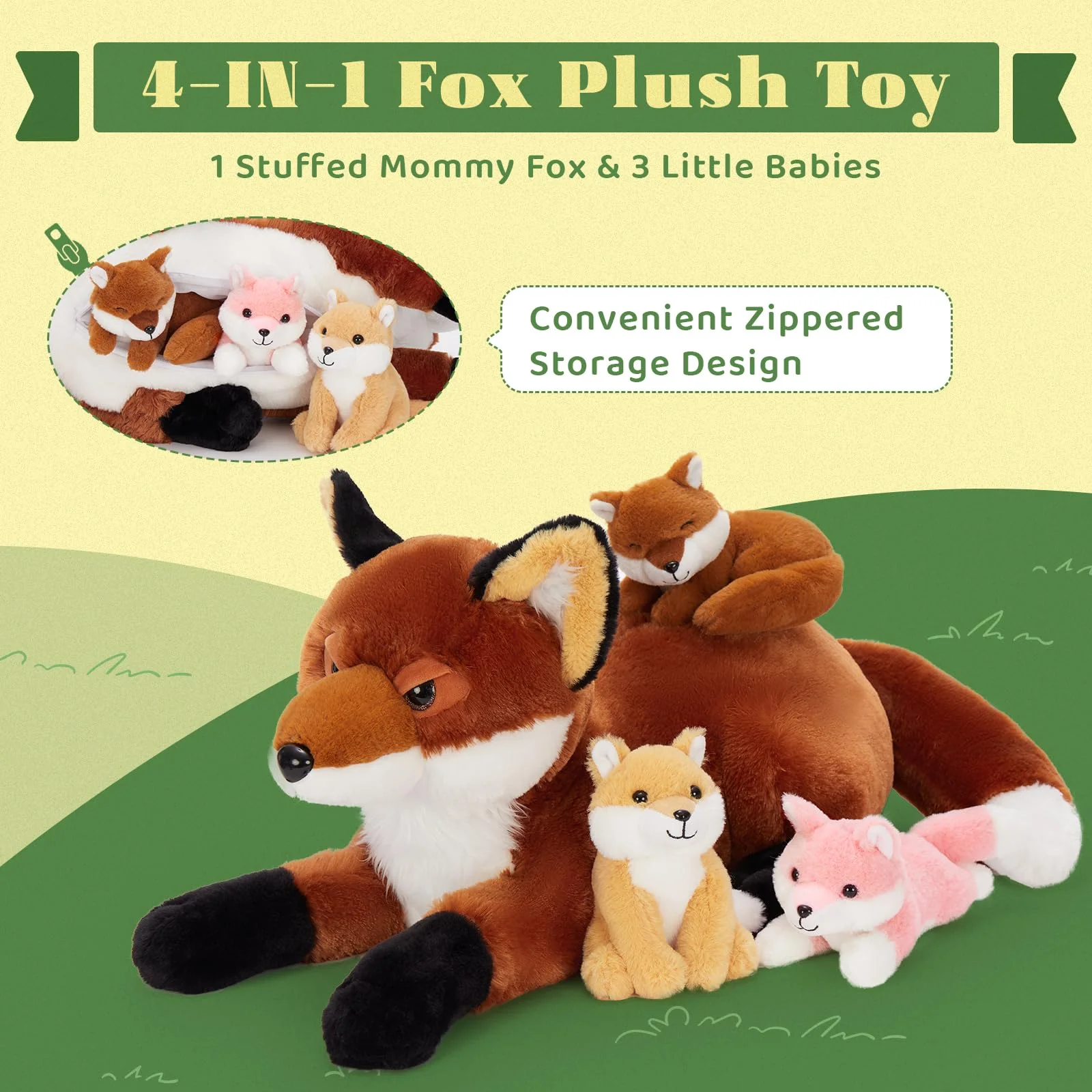 BENINY 4Pcs Fox Stuffed Animal Set, Large Mommy Red Fox Plush 22 Inch with 3 Baby Foxes in Her Zippered Tummy, Christmas Plushie Toy Gift for Girls and Kids - Image 3