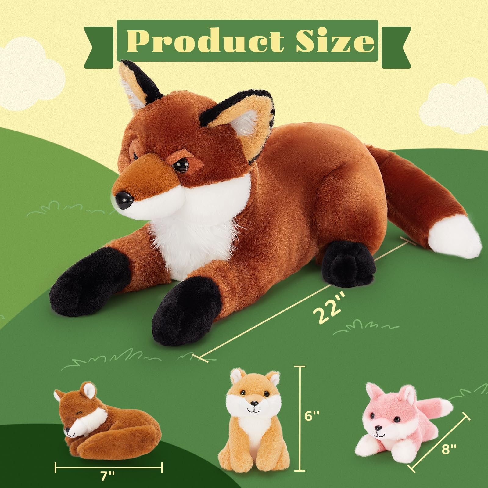 BENINY 4Pcs Fox Stuffed Animal Set, Large Mommy Red Fox Plush 22 Inch with 3 Baby Foxes in Her Zippered Tummy, Christmas Plushie Toy Gift for Girls and Kids - Image 5