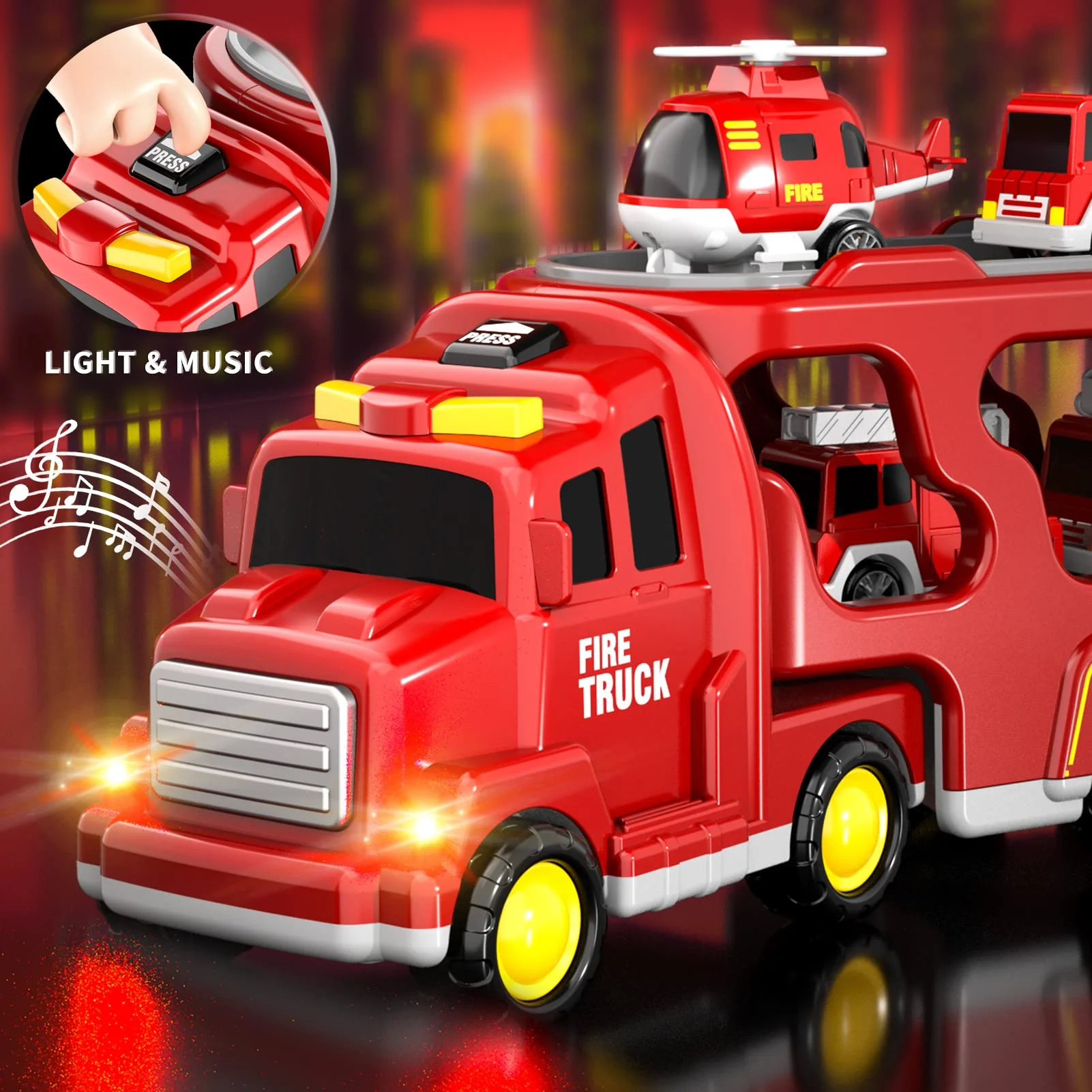 Bennol 5-in-1 Fire Trucks Toy Set for Boys Age 1-3 3-5, Fire Car Truck for Toddlers 1 2 3 4 5 6 Years Old, Christmas Birthday Gift Car Sets with Light Sound - Image 8