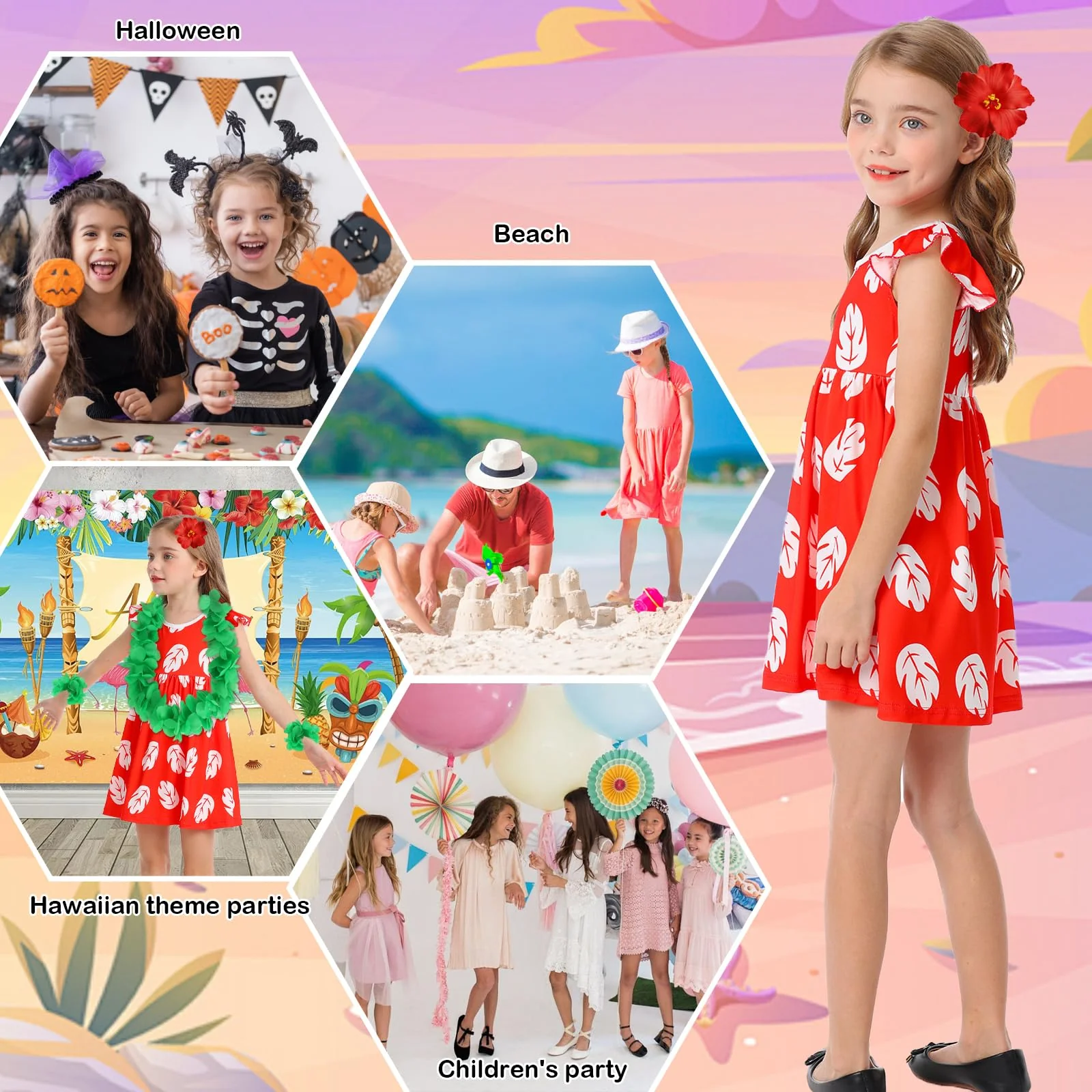 Benylion Hawaiian Dress for Girls Red Leaf Dress With Flowers Hairpin Summer Dresses Halloween Christmas Costumes Party Wear 7-8 Years - Image 2