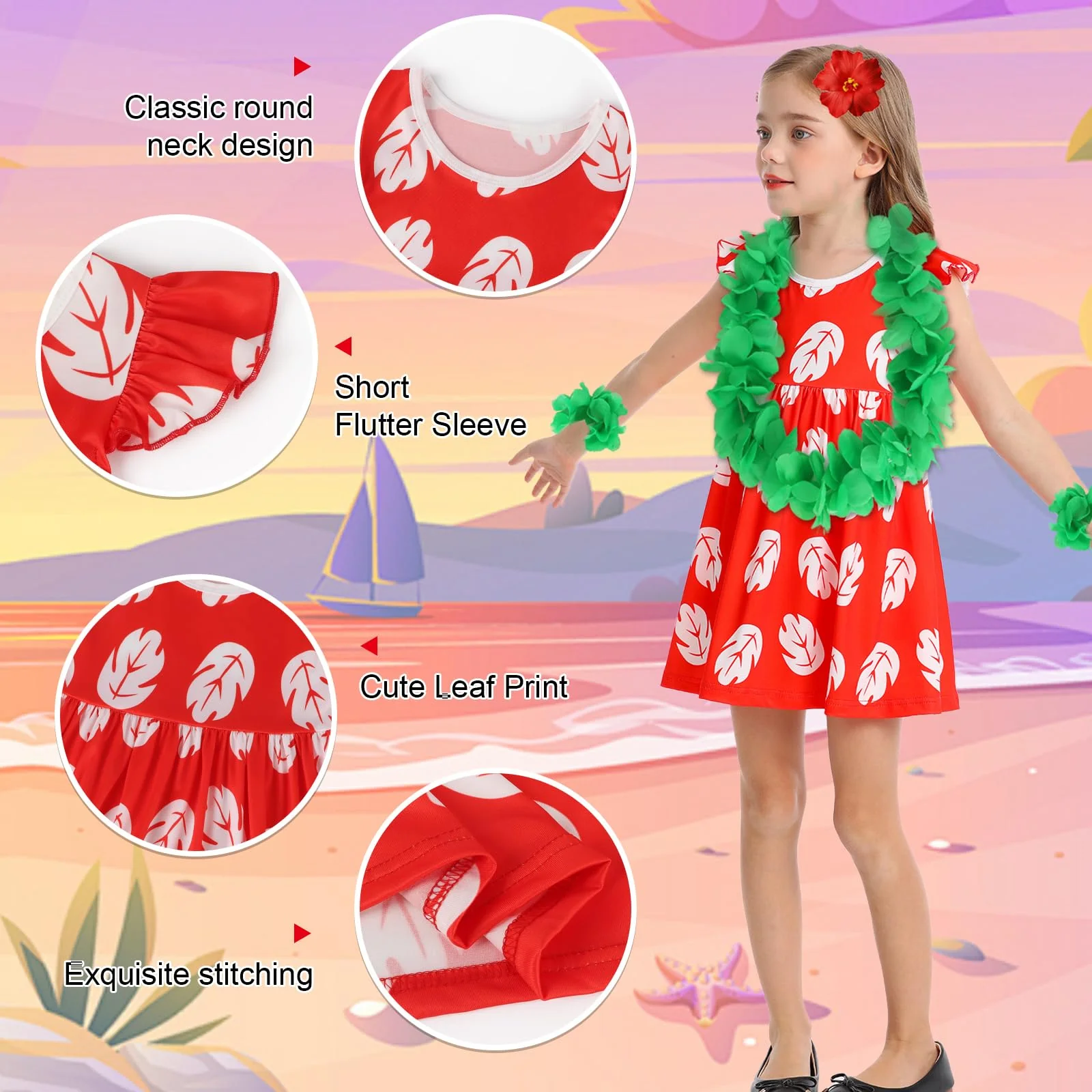 Benylion Hawaiian Dress for Girls Red Leaf Dress With Flowers Hairpin Summer Dresses Halloween Christmas Costumes Party Wear 7-8 Years - Image 3