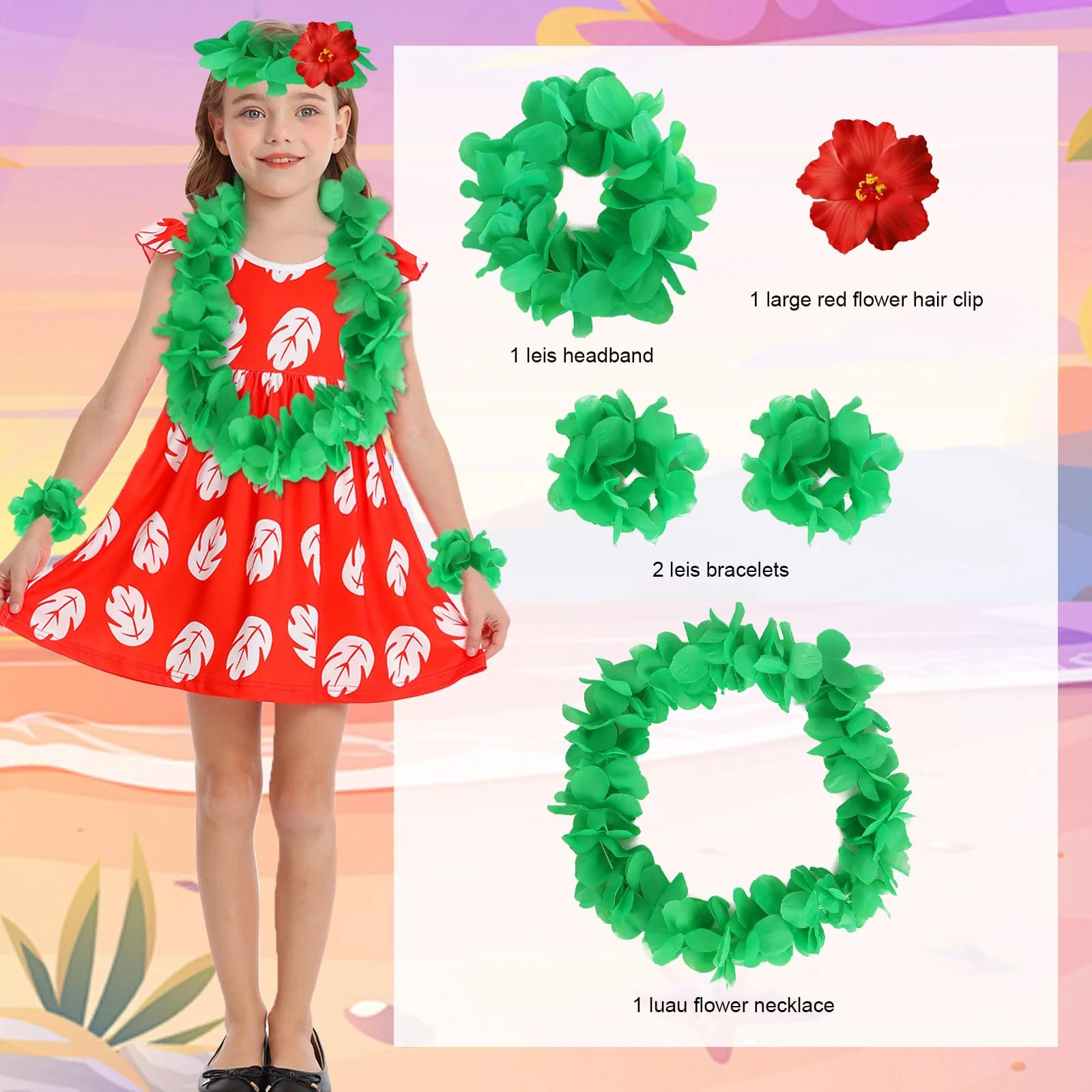 Benylion Hawaiian Dress for Girls Red Leaf Dress With Flowers Hairpin Summer Dresses Halloween Christmas Costumes Party Wear 7-8 Years - Image 4