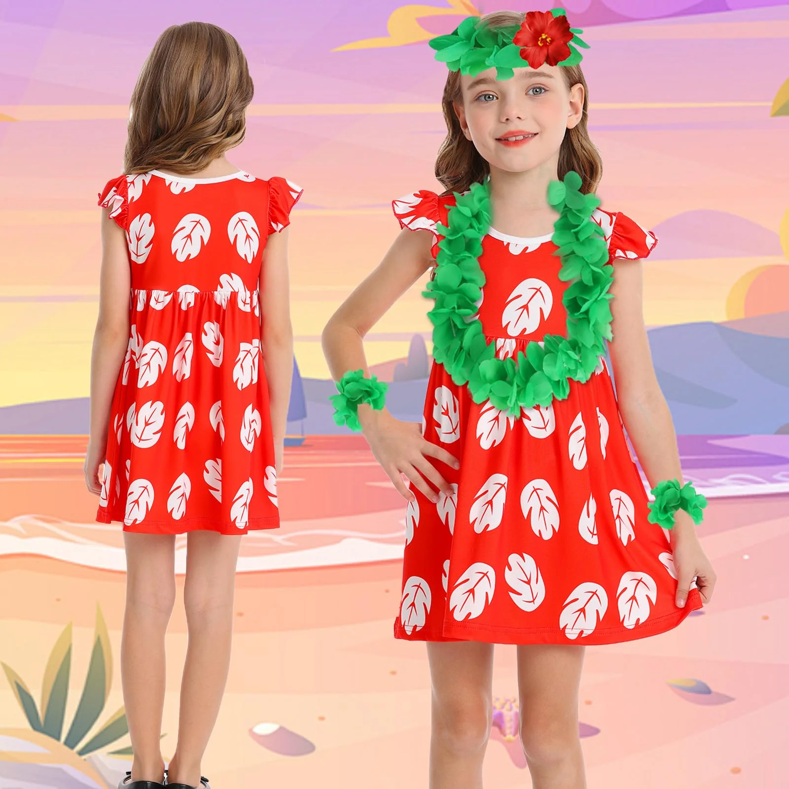 Benylion Hawaiian Dress for Girls Red Leaf Dress With Flowers Hairpin Summer Dresses Halloween Christmas Costumes Party Wear 7-8 Years - Image 5