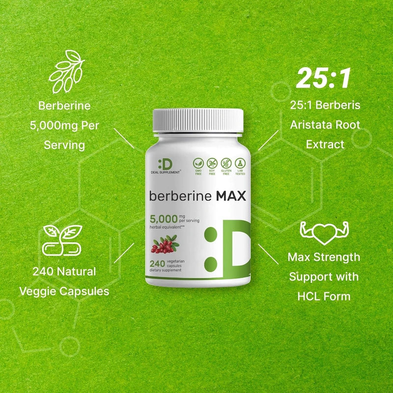 Berberine Max Supplement, 5,000mg Per Serving, 240 Veggie Capsules – 97% Pure Berberine HCL – 25:1 Root Extract – Vegetarian Friendly, Non-GMO - Image 5