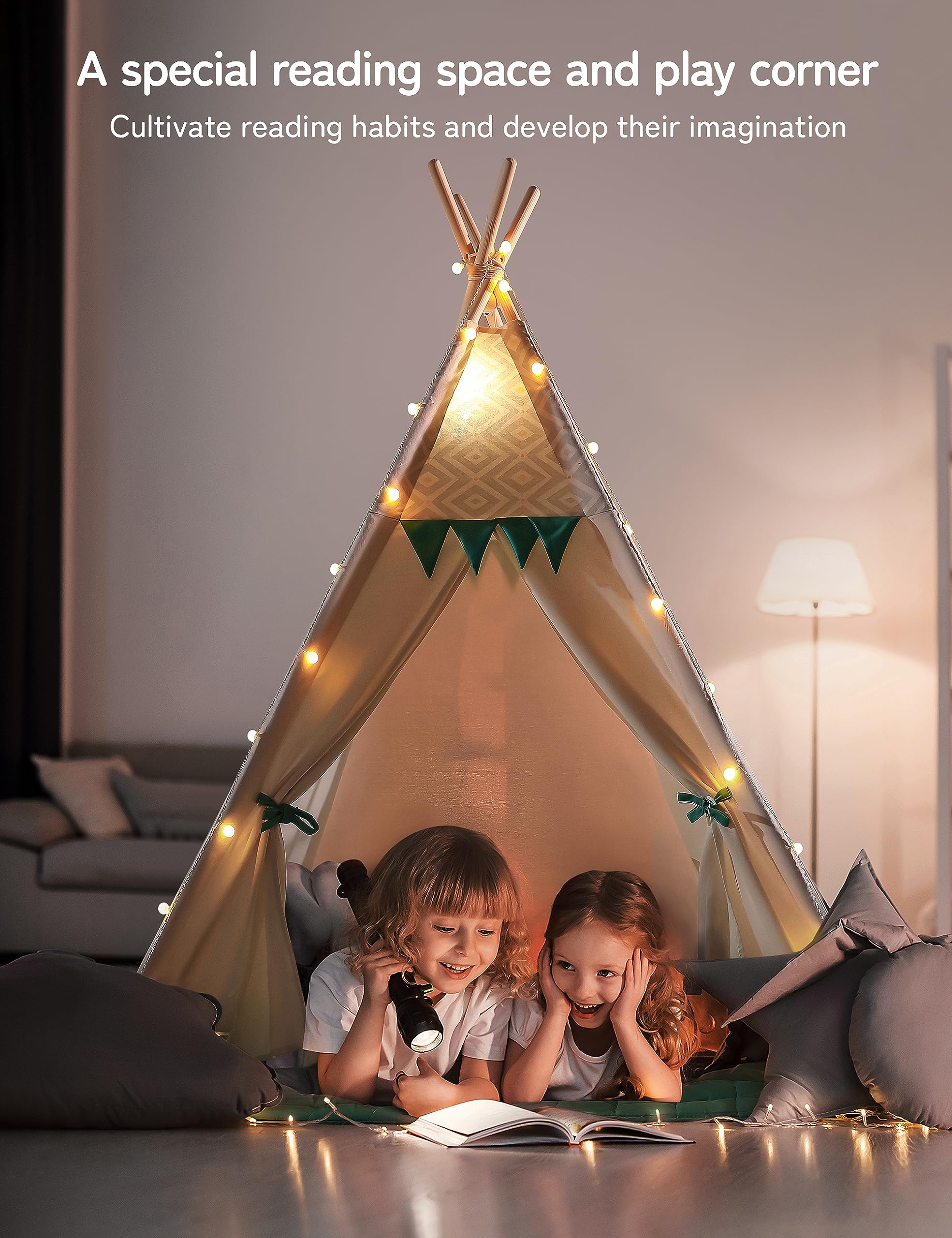 besrey Teepee Tent for Kids with Padded Mat & Light, Kids Tents Indoor Playhouse, Large Tipi Tent, Christmas Play Tent for Toddler Boys Girls, Foldable Portable Toddler Reading Room - Image 2