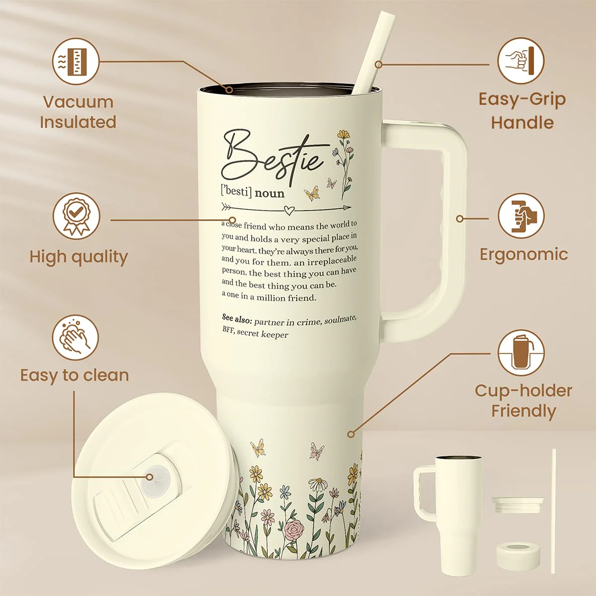Best Friend Tumbler with Handle 40oz, Bestie Cups for Women Stainless Steel Coffee Travel Tumblers with Straw, Bestie Gifts for Female Friends BFF, Friendship Gift for Birthday Christmas Valentines - Image 7