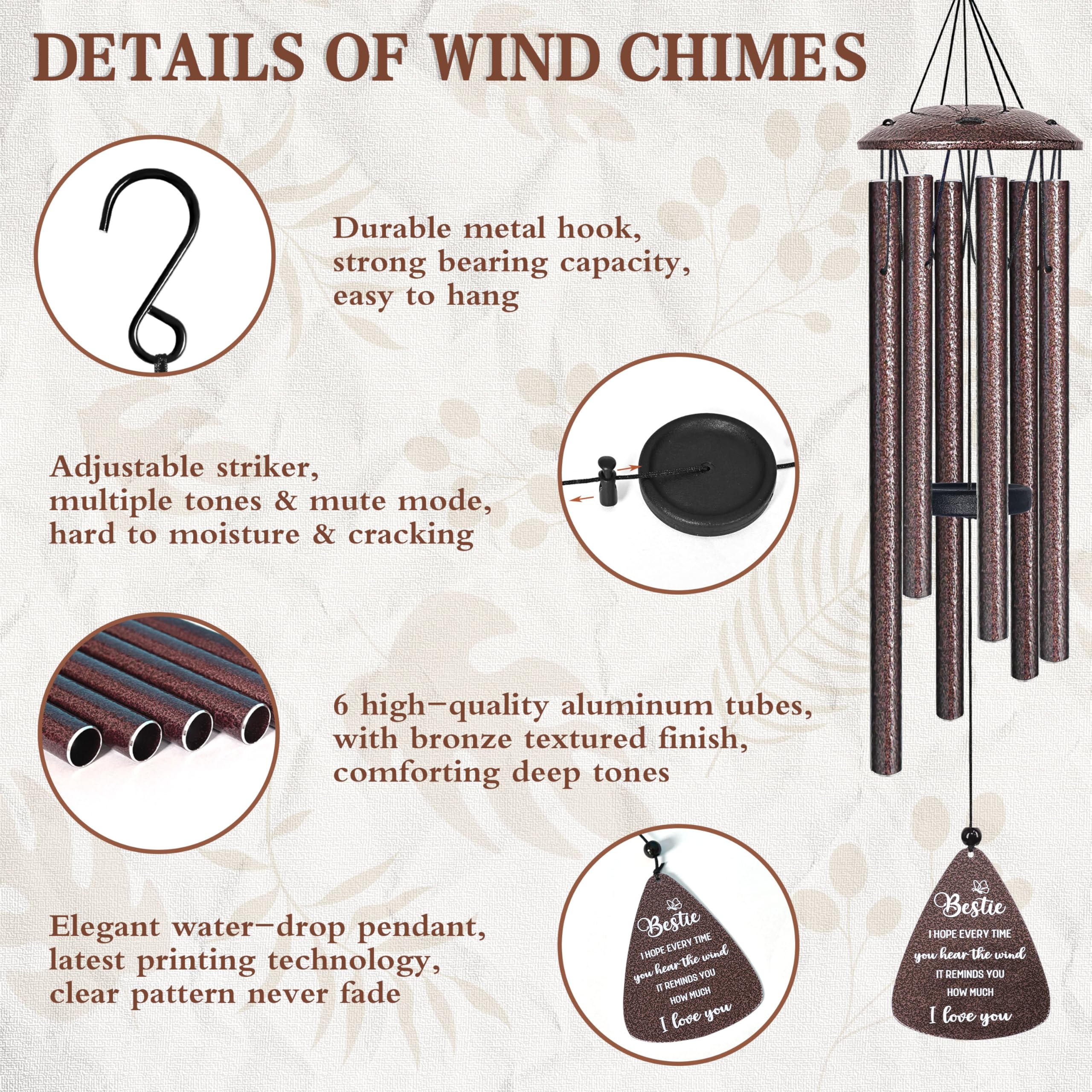 Bestie Gifts for Women, 32" Bronze Wind Chimes, Best Friend Birthday Gifts for Women, Friendship Gift for Birthday Christmas, Unique Bestie Gift Ideas for Woman Female Bestfriend BFF, Home Decor - Image 5