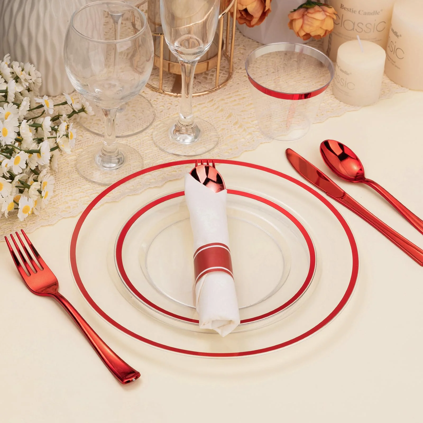 BESTSTAR 350PCS Clear and Red Disposable Plates Set for 50 Guests, 100 Plastic Plates, 50 Plastic Cups, 50 Pre-Rolled Napkins with Cutlery for Party, Christmas, Thanksgiving, Birthday, Halloween - Image 4