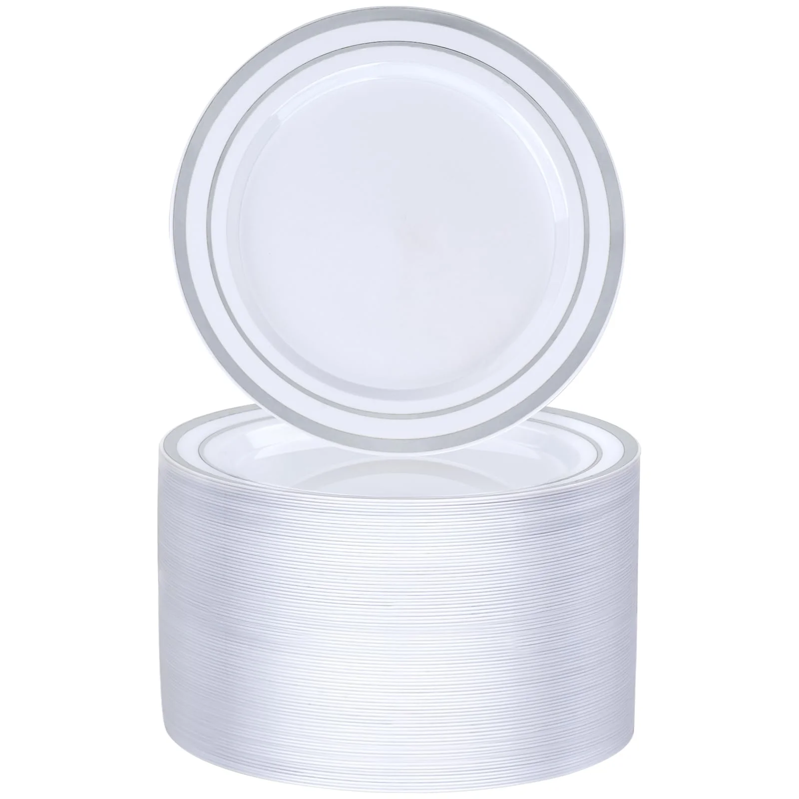 BESTVIP 100PCS 7 Inch Silver Plastic Dessert Plates, Disposable Plate with Silver Rim for Salad/Samll Cakes, Heavy Duty Plates for Party, Wedding and Birthday, Events, Christmas, Thanksgiving