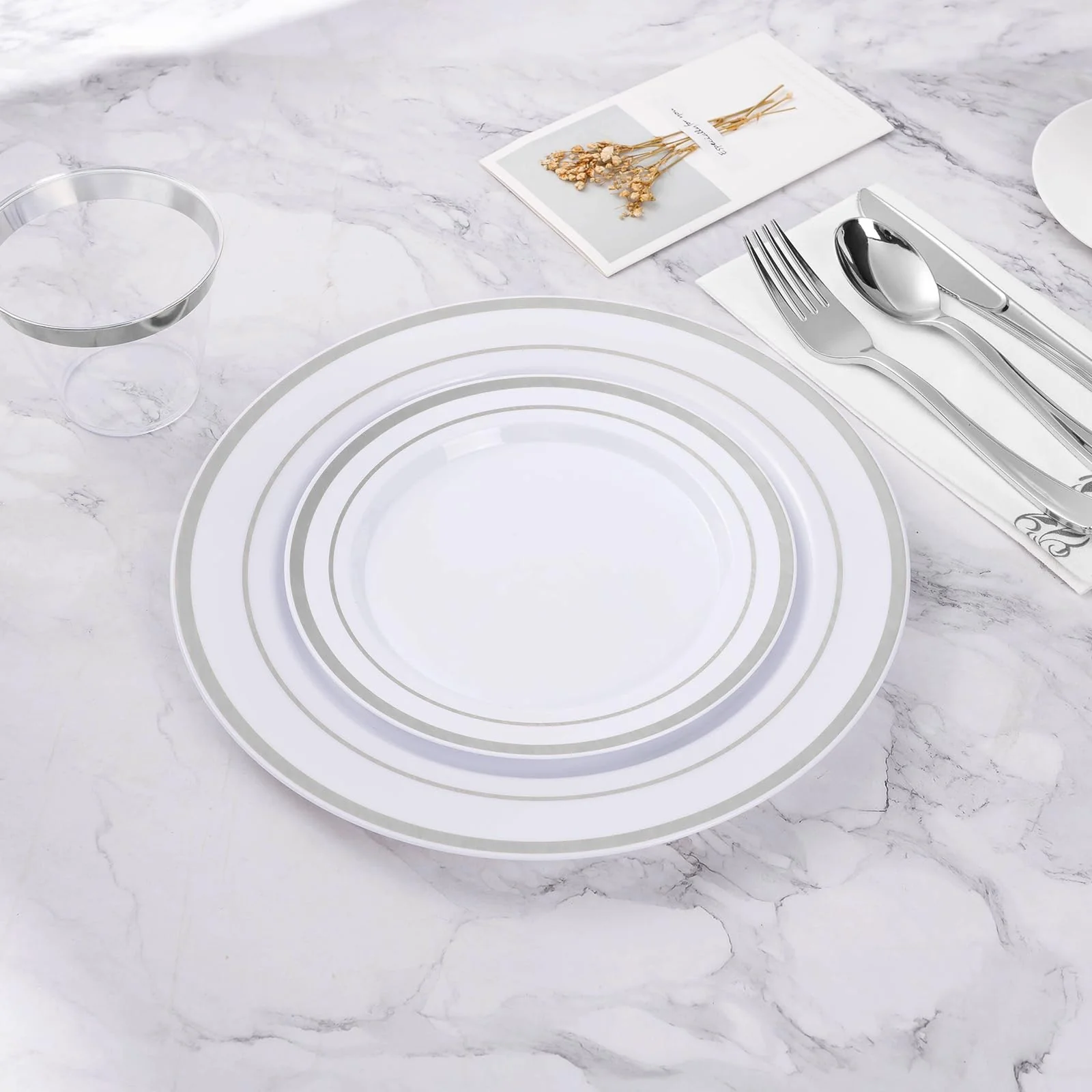 BESTVIP 100PCS 7 Inch Silver Plastic Dessert Plates, Disposable Plate with Silver Rim for Salad/Samll Cakes, Heavy Duty Plates for Party, Wedding and Birthday, Events, Christmas, Thanksgiving - Image 2