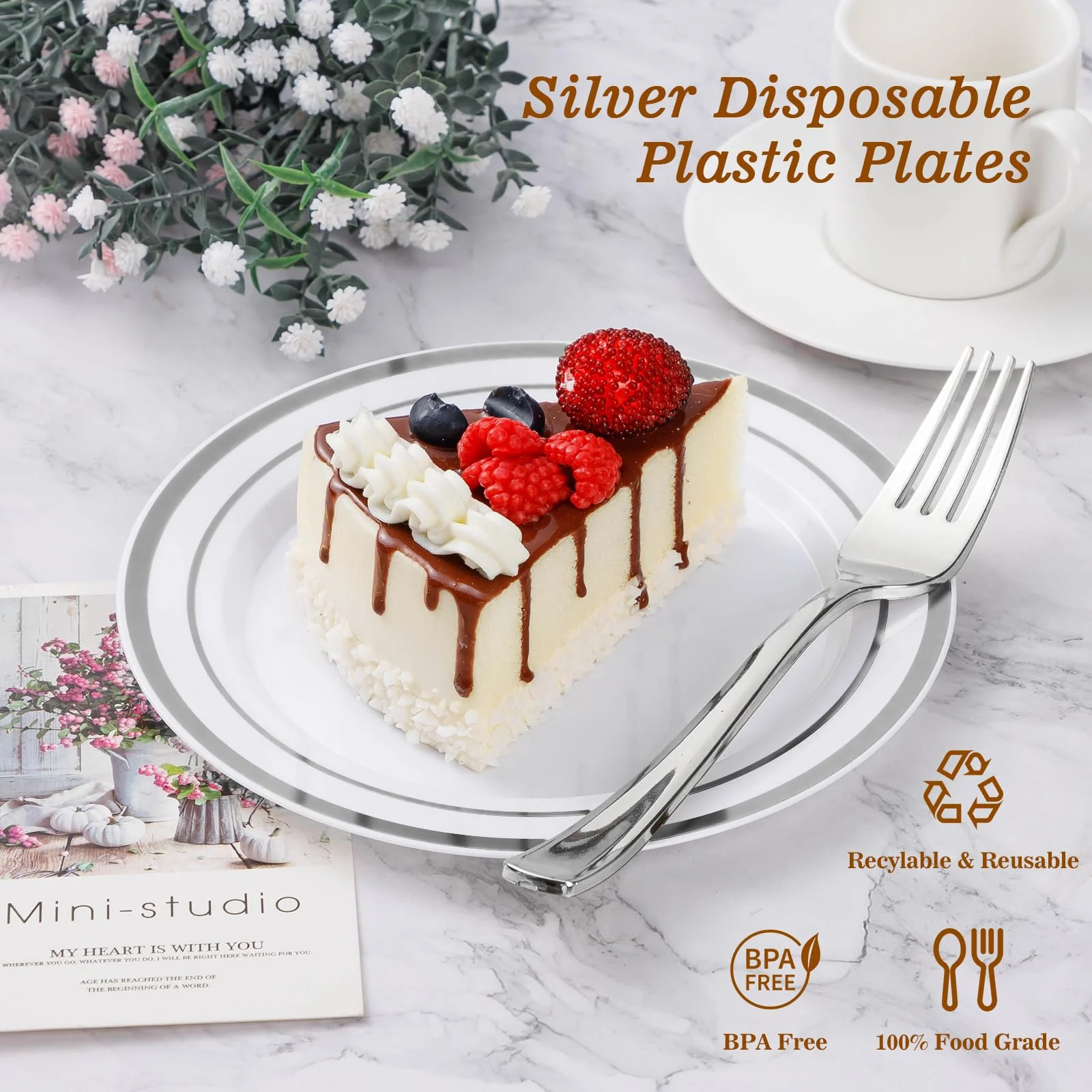 BESTVIP 100PCS 7 Inch Silver Plastic Dessert Plates, Disposable Plate with Silver Rim for Salad/Samll Cakes, Heavy Duty Plates for Party, Wedding and Birthday, Events, Christmas, Thanksgiving - Image 3
