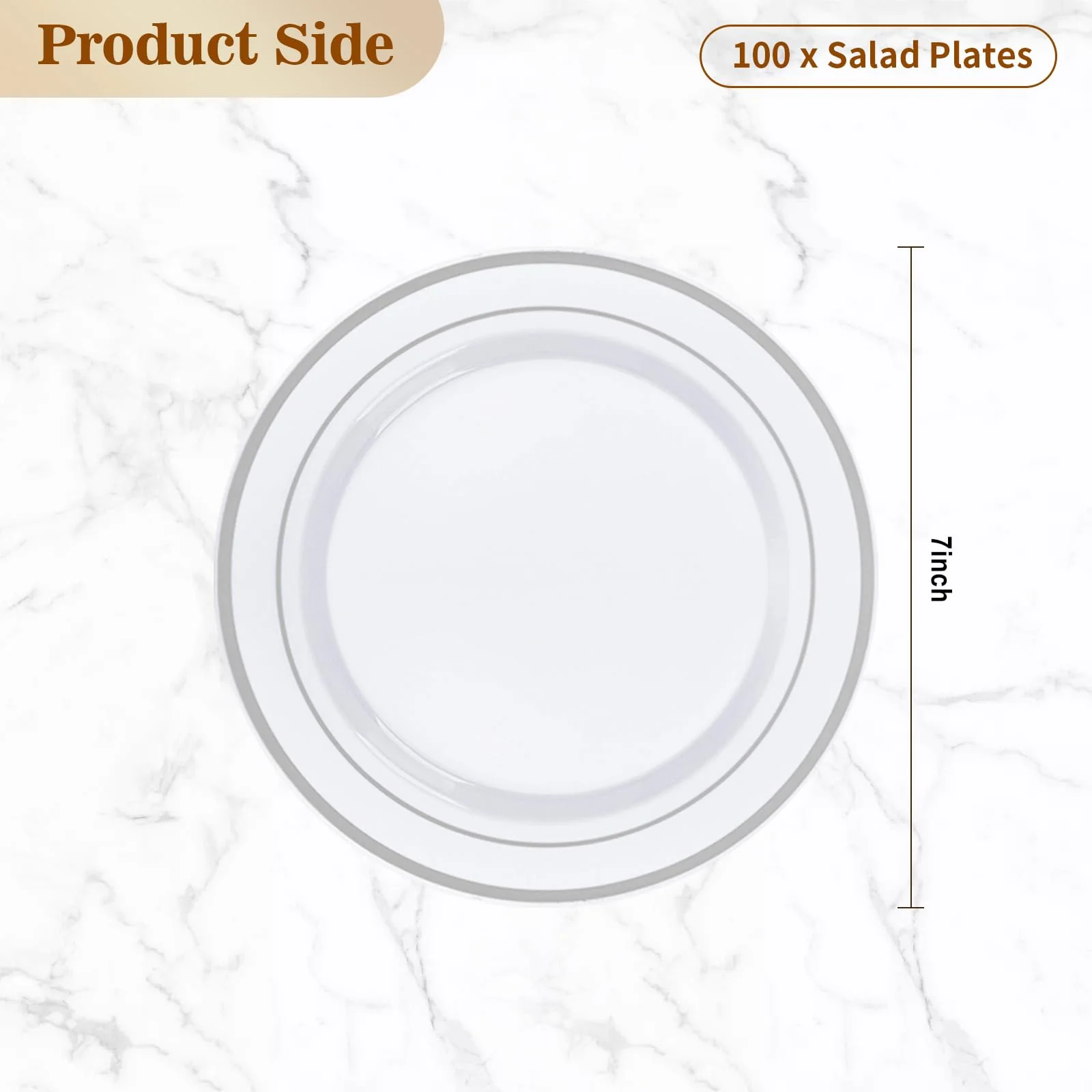 BESTVIP 100PCS 7 Inch Silver Plastic Dessert Plates, Disposable Plate with Silver Rim for Salad/Samll Cakes, Heavy Duty Plates for Party, Wedding and Birthday, Events, Christmas, Thanksgiving - Image 5