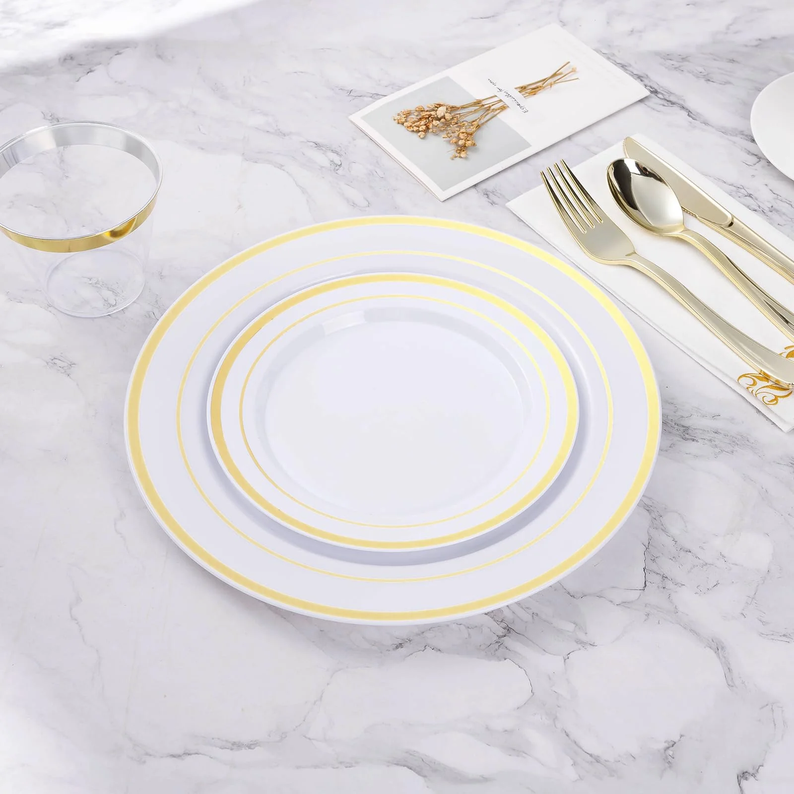 BESTVIP 100PCS Gold Plastic Plates, 10.25 Inch Disposable Dinner Plate Party with Gold Rim for Christmas, Thanksgiving, Heavy Duty Disposable Plastic Plates for Party, Wedding and Birthday, Events - Image 2