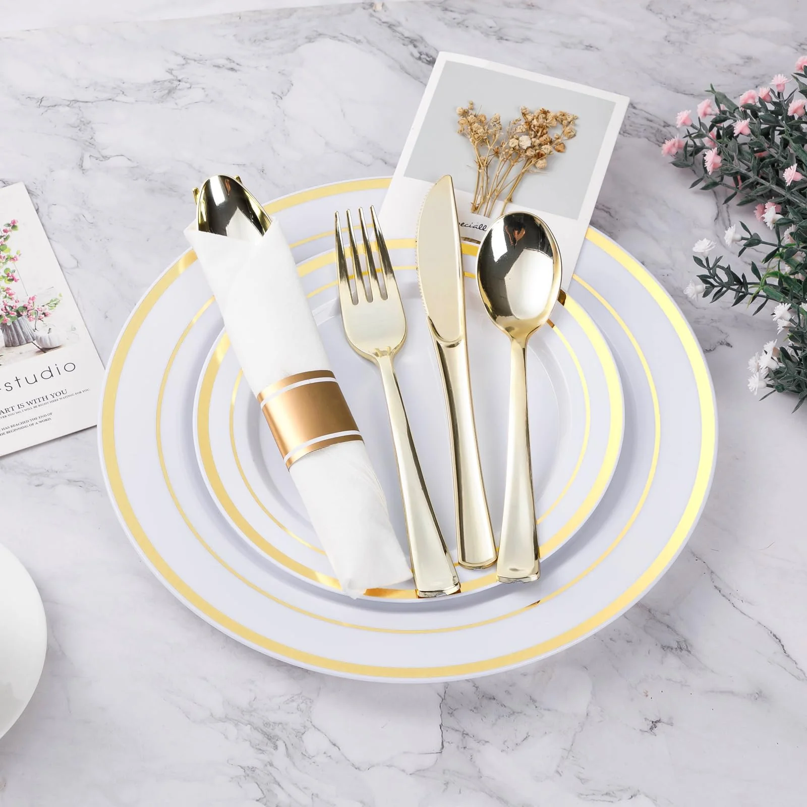 BESTVIP 175PCS Gold Plastic Dinnerware Set, Disposable Party Plates for 25 Guests, Include: 50 Plastic Plates, 25 Pre Rolled Napkins with Gold Silverware, 25 Cups for Christmas, Halloween - Image 6