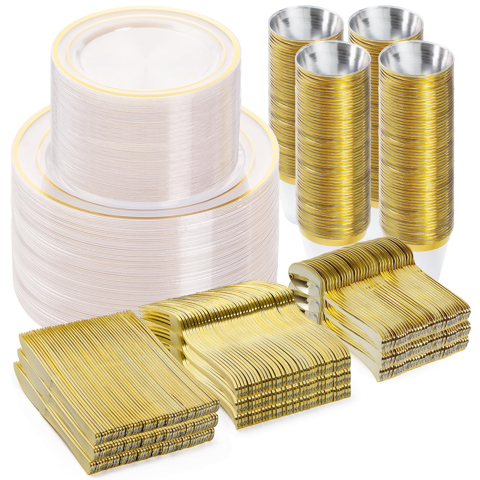 BESTVIP 600PCS Clear Gold Dinnerware Set for 100 Guests, Plastic Plates for Party, Christmas and New Year, 100 Disposable Plates, 100 Dessert Plates, 100 Cups, 100 Spoons, 100 Forks and 100 Knives