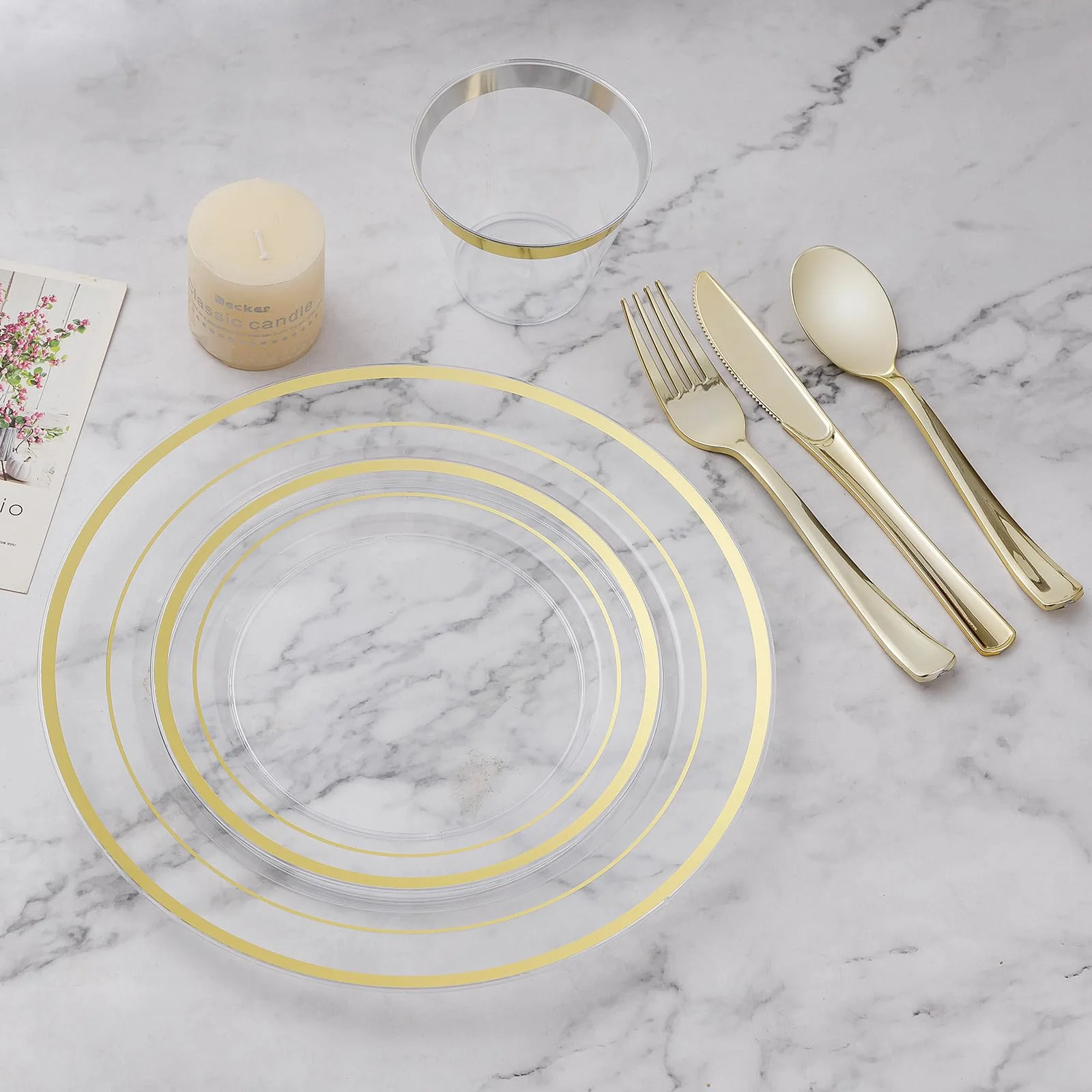 BESTVIP 600PCS Clear Gold Dinnerware Set for 100 Guests, Plastic Plates for Party, Christmas and New Year, 100 Disposable Plates, 100 Dessert Plates, 100 Cups, 100 Spoons, 100 Forks and 100 Knives - Image 2