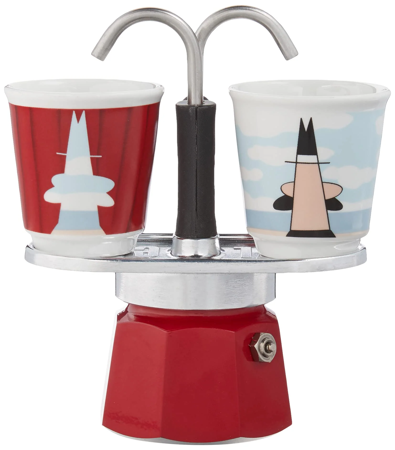 Bialetti - Mini Express Magritte: Moka Set includes Coffee Maker 2-Cup (2.8 Oz) + 2 shot glasses, Red, Aluminium - Image 6