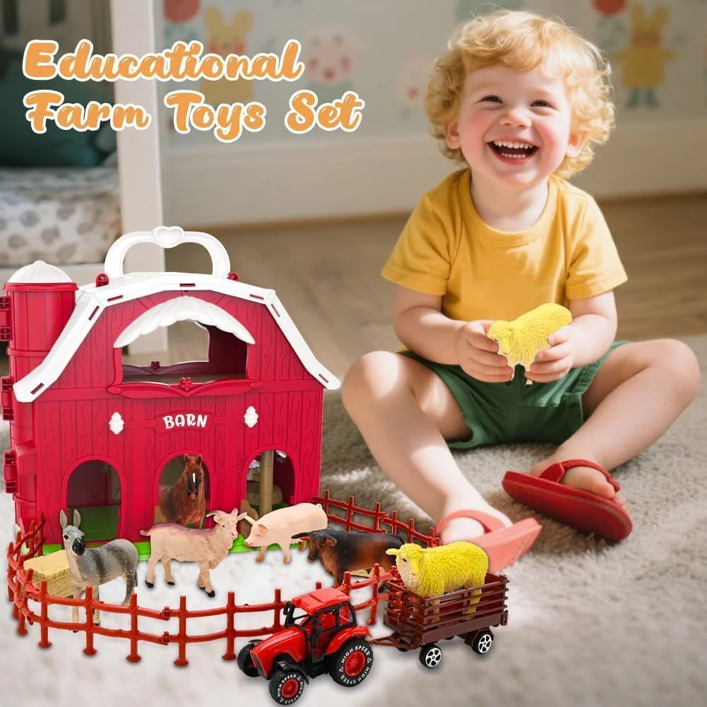 Big Red Barn Toys for Toddlers 1-3, Farm Animal Figures Playset with Tractor for 2 3 4 5 Year Old Kids, Musical Preschool Montessori STEM Learning Toys, Christmas Birthday Easter Gift for Boys Girls - Image 3