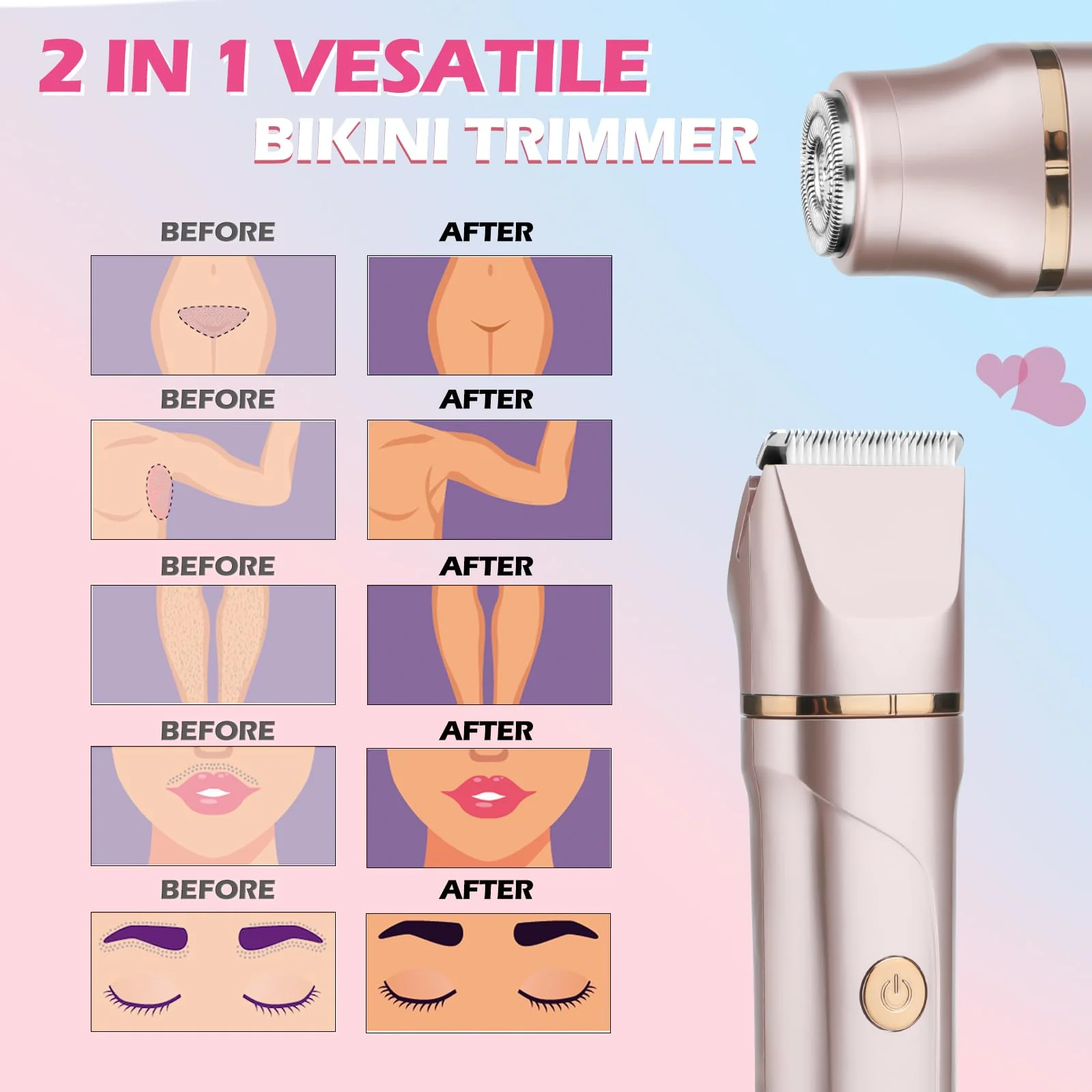 Bikini Trimmer for Women 2-in-1 – Rechargeable Electric Razors for Women, Painless Electric Shaver for Bikini, Underarm, Legs, Arms – IPX7 Waterproof, Compact Travel Design - Image 5
