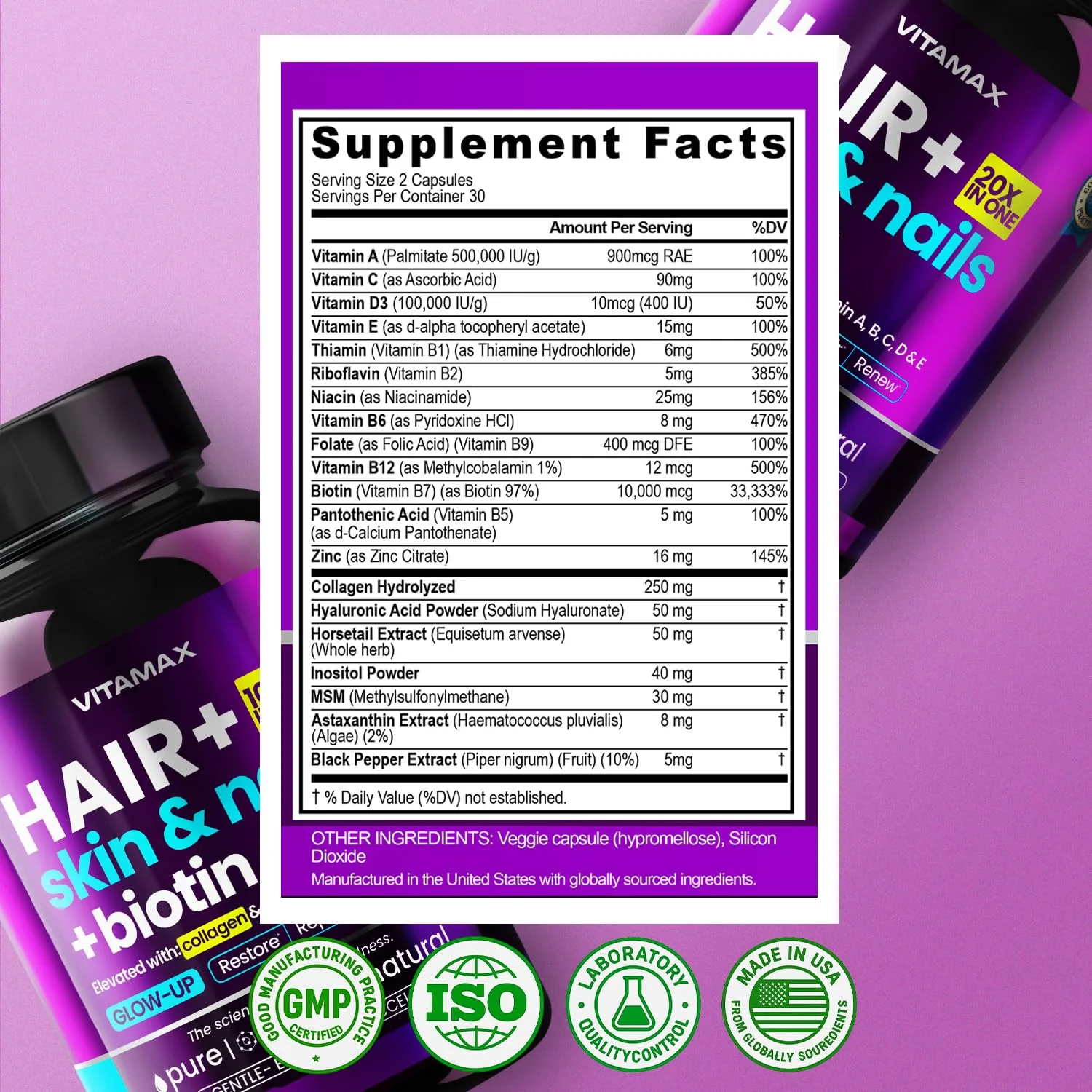 Biotin | Collagen | Keratin Booster with Hyaluronic Acid - Thicker Hair Growth, Healthy Skin & Stronger Nails Supplement – Extra Strength - Multi Vitamin B Complex - Women & Men - Made in USA - 60ct - Image 3