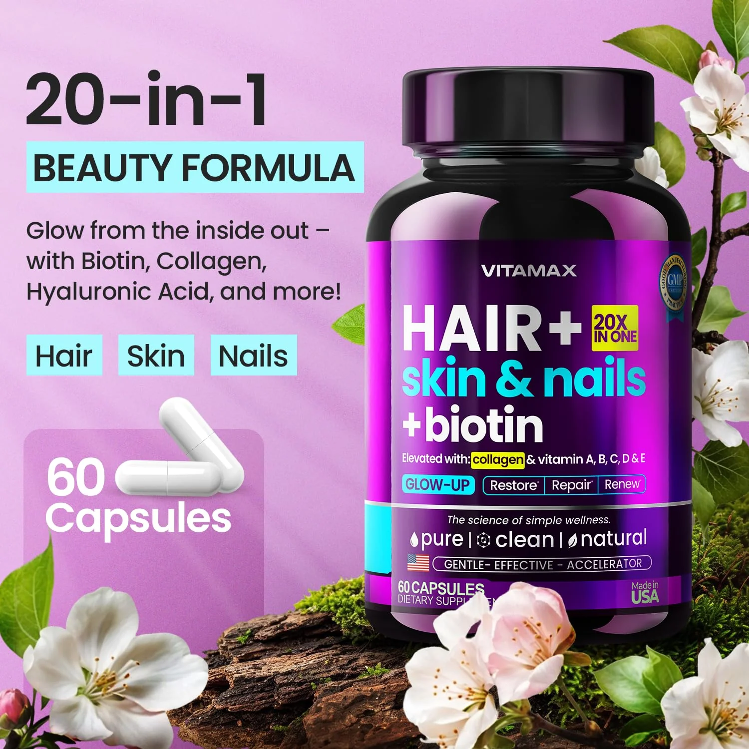 Biotin | Collagen | Keratin Booster with Hyaluronic Acid - Thicker Hair Growth, Healthy Skin & Stronger Nails Supplement – Extra Strength - Multi Vitamin B Complex - Women & Men - Made in USA - 60ct - Image 4