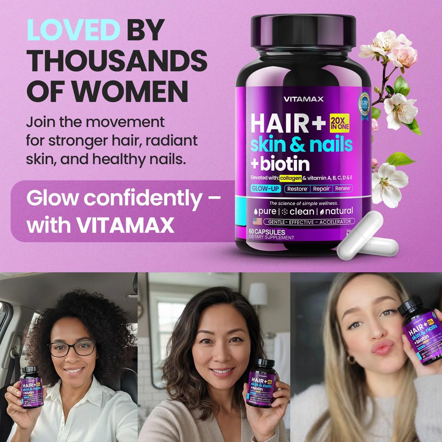 Biotin | Collagen | Keratin Booster with Hyaluronic Acid - Thicker Hair Growth, Healthy Skin & Stronger Nails Supplement – Extra Strength - Multi Vitamin B Complex - Women & Men - Made in USA - 60ct - Image 6