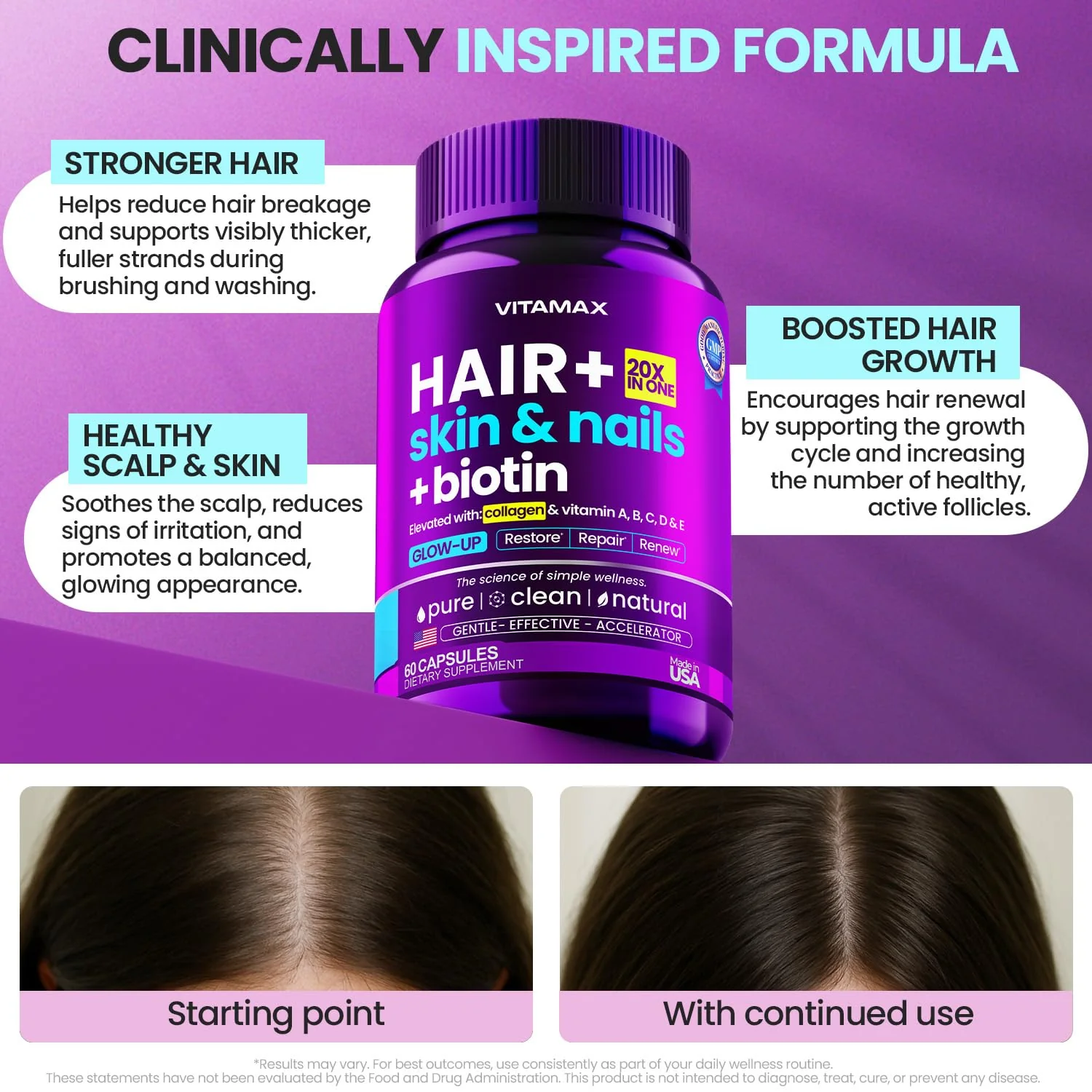 Biotin | Collagen | Keratin Booster with Hyaluronic Acid - Thicker Hair Growth, Healthy Skin & Stronger Nails Supplement – Extra Strength - Multi Vitamin B Complex - Women & Men - Made in USA - 60ct - Image 7