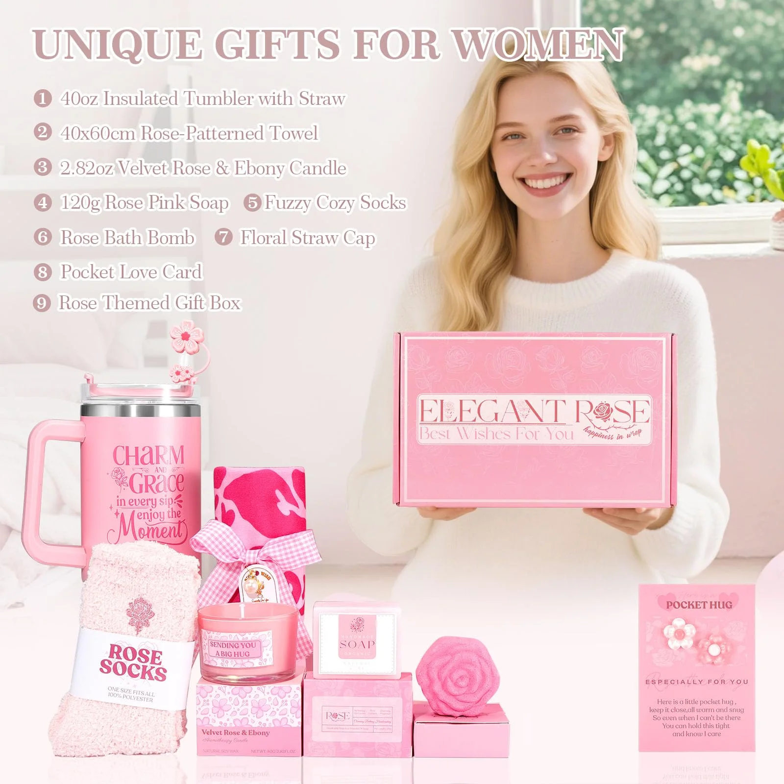 Birthday Gifts for Women Self Care Gift - Get Well Soon Gift Christmas Gifts - Rose Relaxing Spa Gift Basket Self Care Package for Women,Best Friend,Girlfriend,Wife,Mom,Sister,Her w/ Insulated Tumbler - Image 9