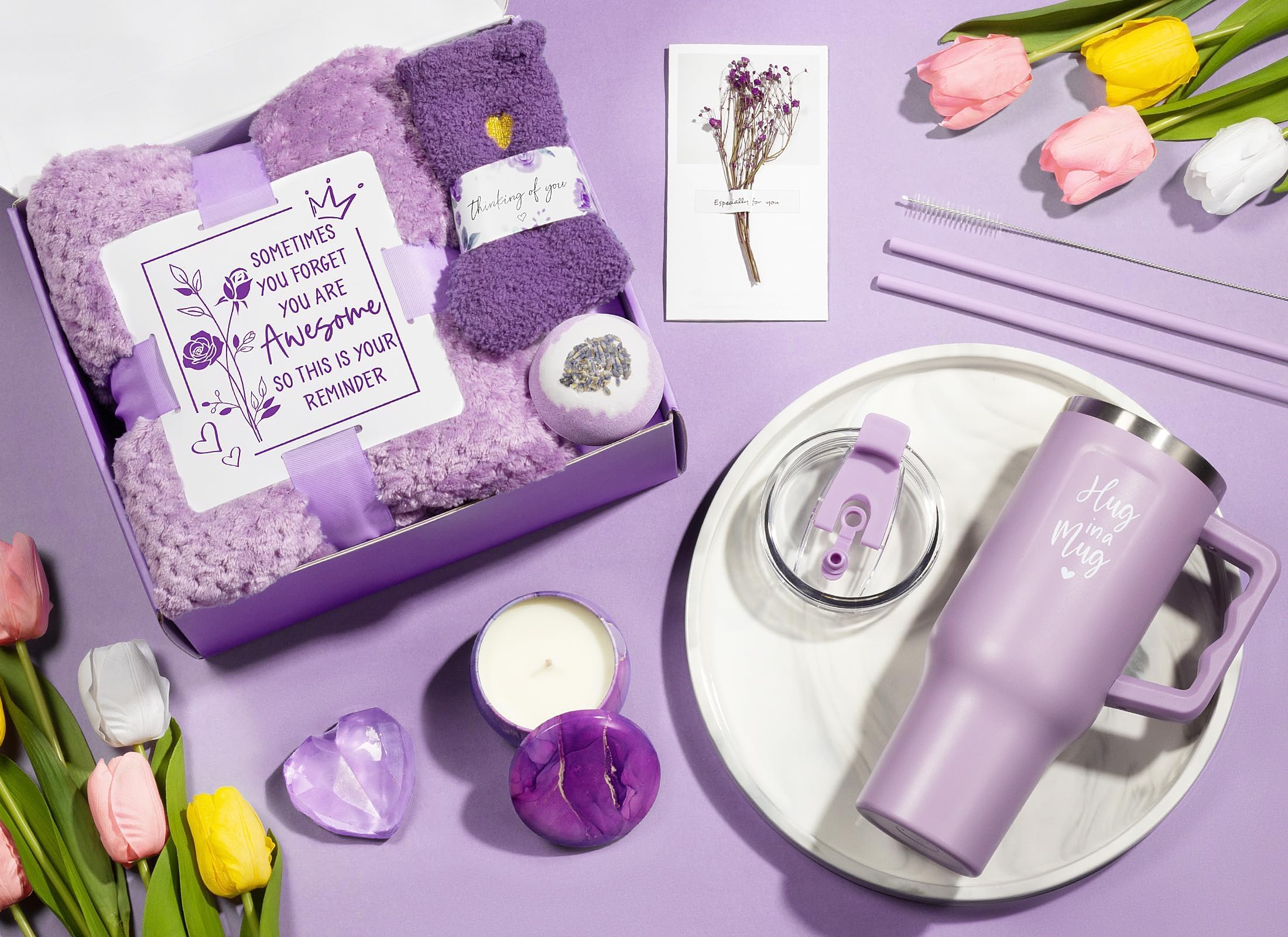 Birthday Gifts for Women Self Care Gifts Get Well Soon Gifts, Lavender Relaxing Spa Gifts Basket Care Package w/ Flannel Blanket 40 OZ Tumbler, Christmas Gifts for Mom Wife Grandma Friends Sisters Her - Image 2