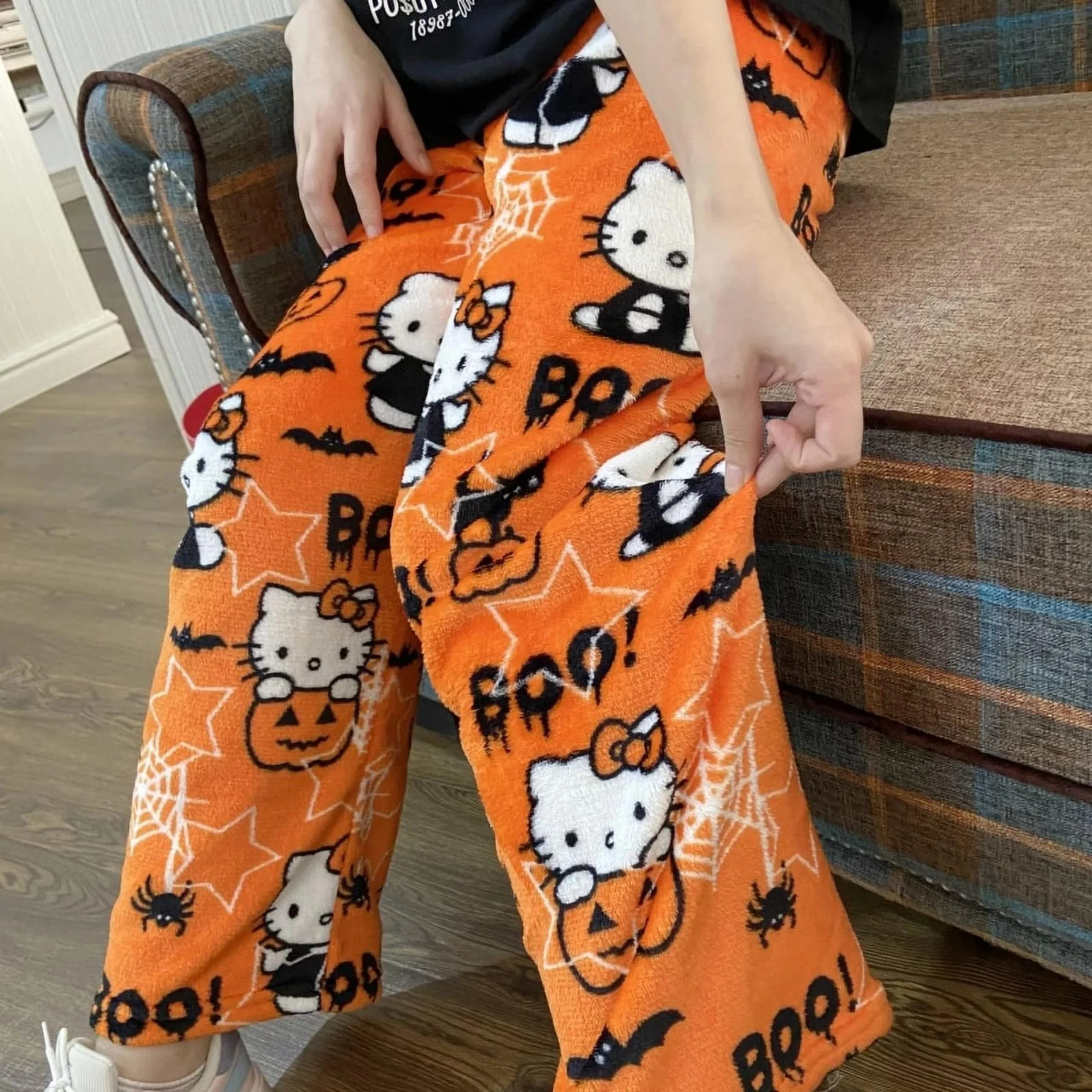 BIUGNVW Anime Women's Cartoon Family Flannel Pajama Pants - Christmas & Halloween Orange Medium - Image 2