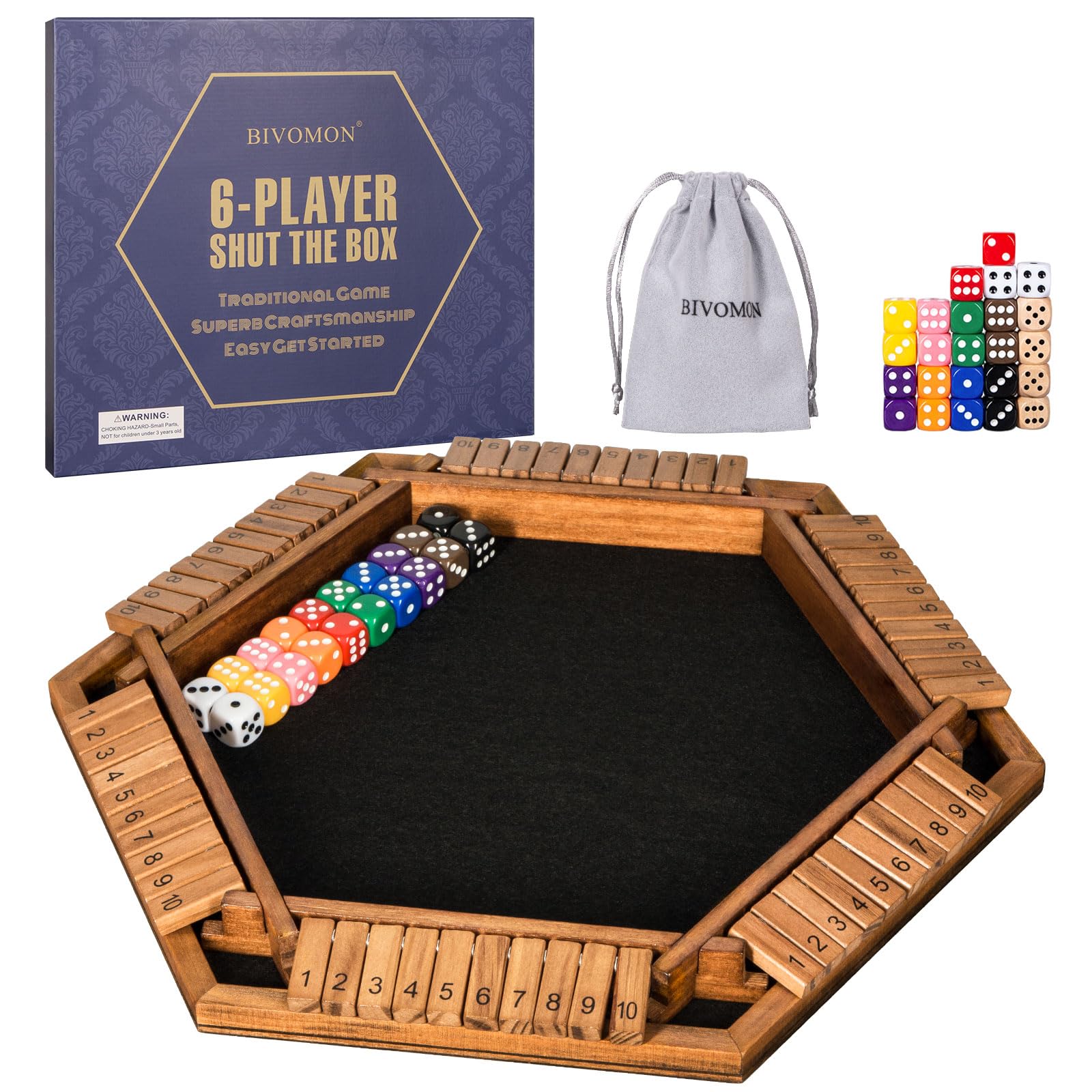 BIVOMON 1-6 Players Shut The Box Dice Game, Wooden Board Table Math Game for Kids Adult with 24 Dice, Close The Box Game for Family, Party, Christmas, Birthday - Image 2