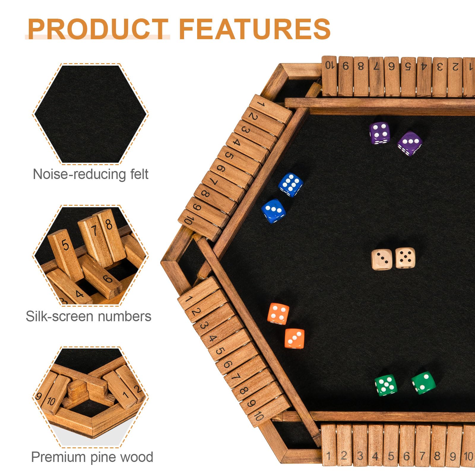 BIVOMON 1-6 Players Shut The Box Dice Game, Wooden Board Table Math Game for Kids Adult with 24 Dice, Close The Box Game for Family, Party, Christmas, Birthday - Image 5