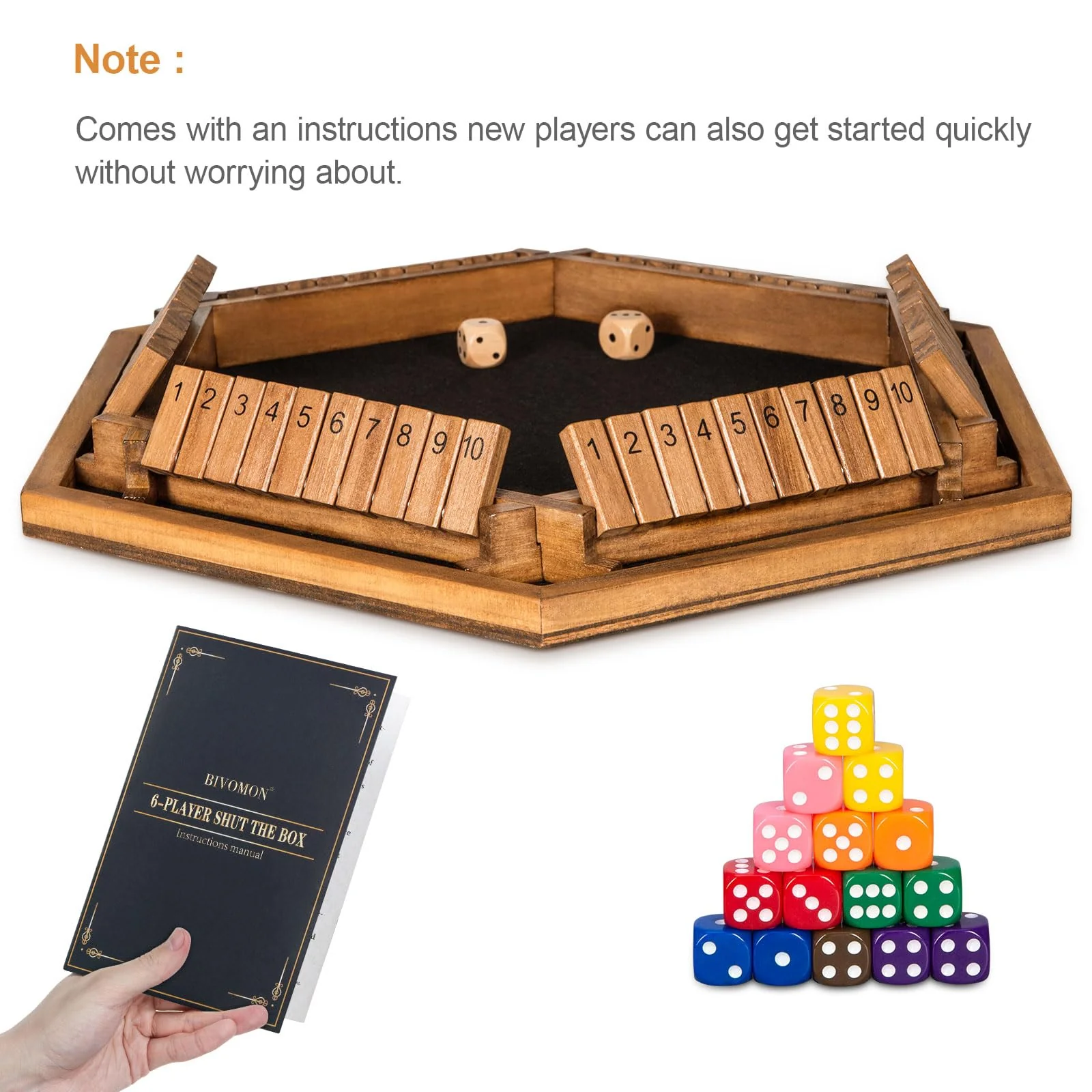 BIVOMON 1-6 Players Shut The Box Dice Game, Wooden Board Table Math Game for Kids Adult with 24 Dice, Close The Box Game for Family, Party, Christmas, Birthday - Image 6