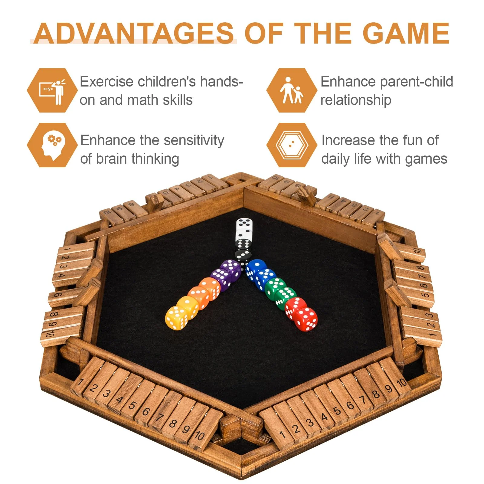 BIVOMON 1-6 Players Shut The Box Dice Game, Wooden Board Table Math Game for Kids Adult with 24 Dice, Close The Box Game for Family, Party, Christmas, Birthday - Image 7