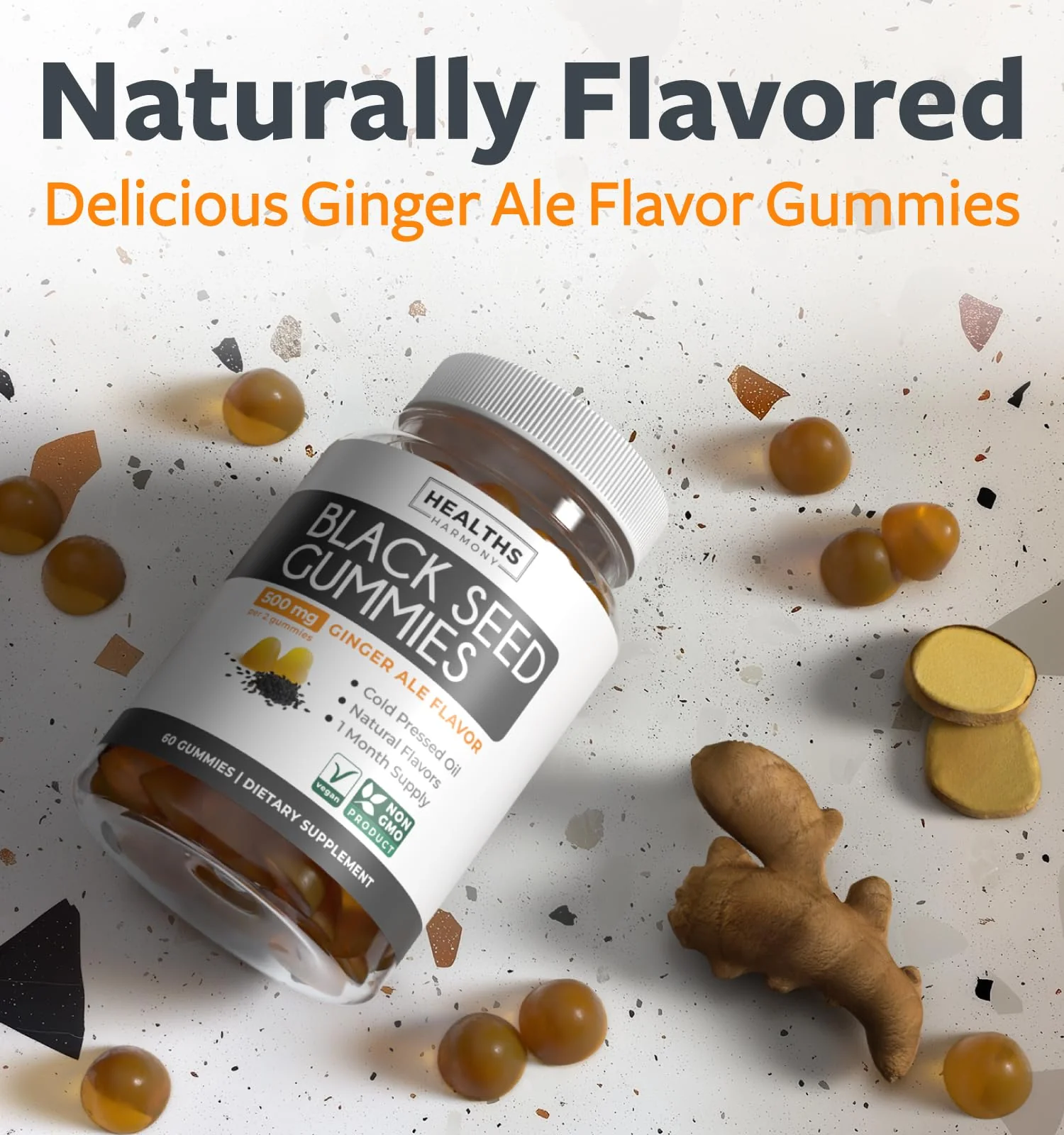 Black Seed Oil Gummies - Natural Ginger Ale Flavor (Non-GMO & Vegan) Cold-Pressed Nigella Sativa Producing Pure Black Cumin Seed Oil - 500mg Per 2 Gummy Serving - Image 7