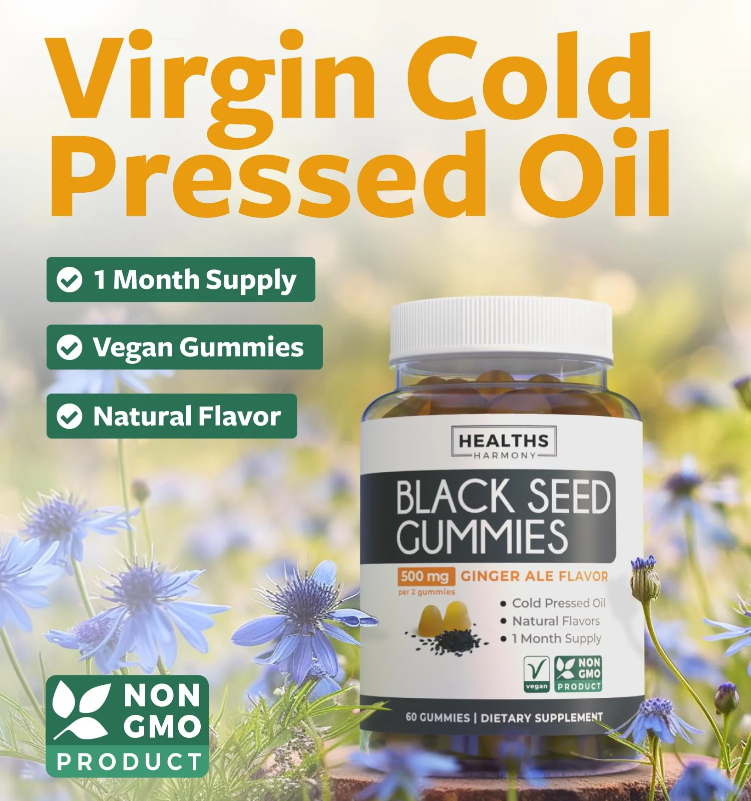 Black Seed Oil Gummies - Natural Ginger Ale Flavor (Non-GMO & Vegan) Cold-Pressed Nigella Sativa Producing Pure Black Cumin Seed Oil - 500mg Per 2 Gummy Serving - Image 8