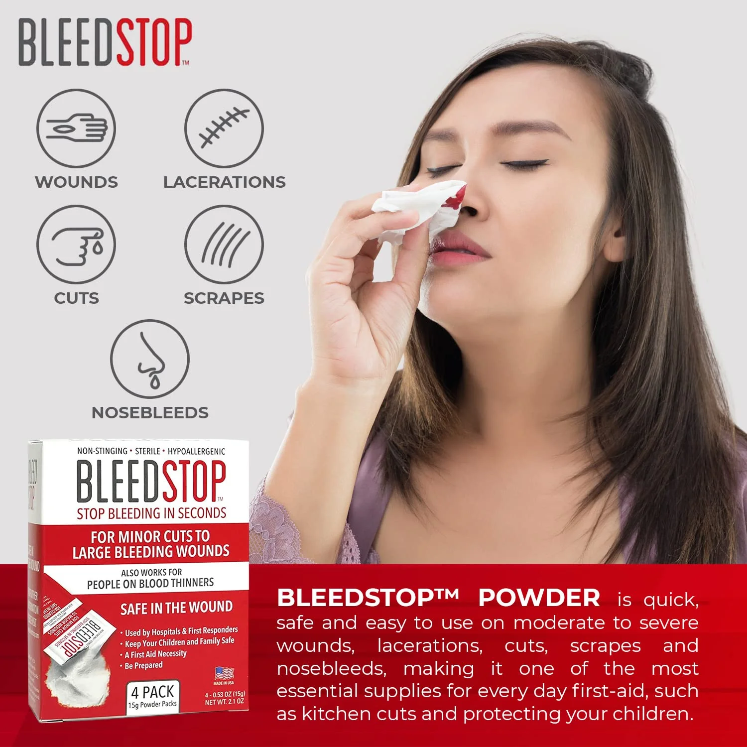 BleedStop™ First Aid Powder for Blood Clotting, Trauma Kit, Blood Thinner Patients, Camping Safety, and Survival Equipment for Moderate to Severe Bleeding Wounds or Nosebleeds - 4 (20g) Pouches - Image 2
