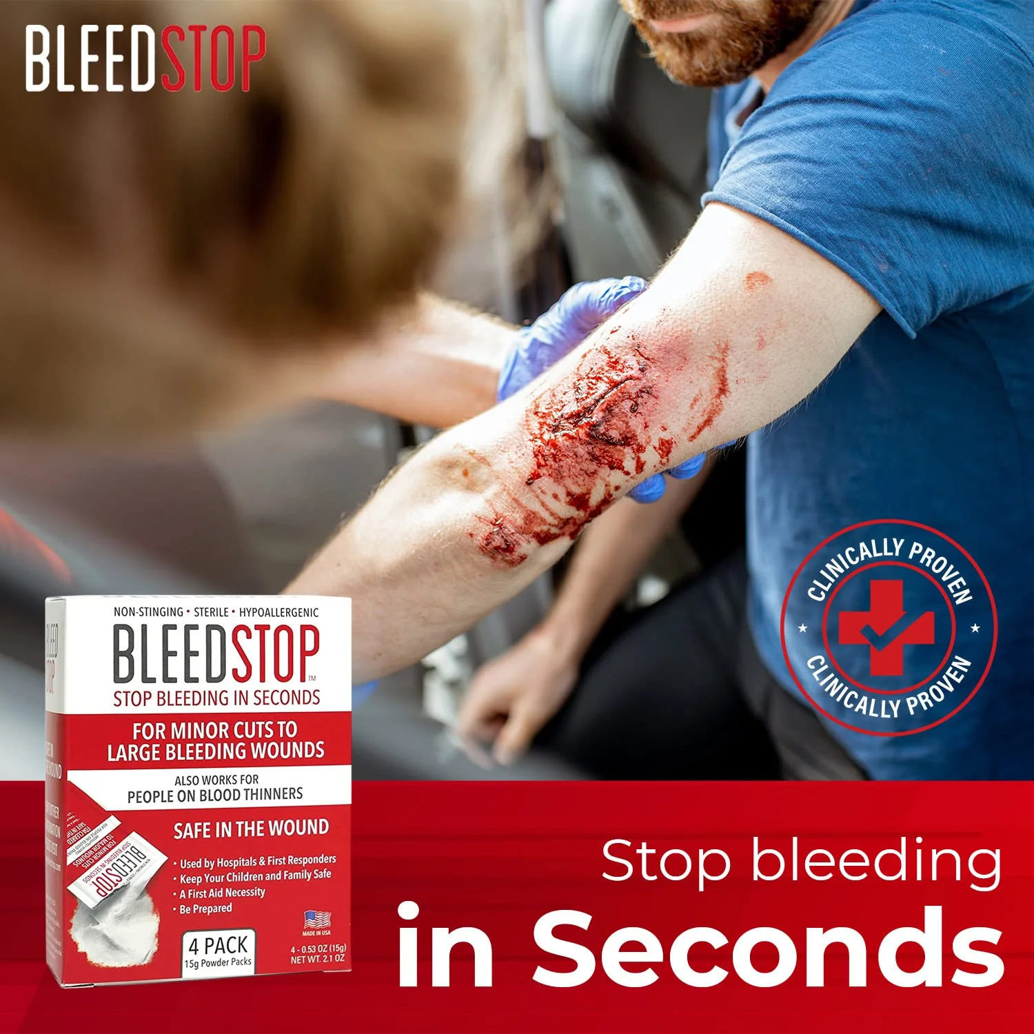 BleedStop™ First Aid Powder for Blood Clotting, Trauma Kit, Blood Thinner Patients, Camping Safety, and Survival Equipment for Moderate to Severe Bleeding Wounds or Nosebleeds - 4 (20g) Pouches - Image 3