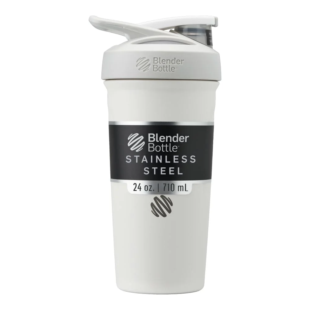 BlenderBottle Strada Shaker Cup Insulated Stainless Steel Water Bottle with Wire Whisk, 24-Ounce, White
