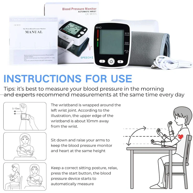 Blood Pressure Monitor Automatic Wrist Cuff Machine Carrying Case for Home Use 90 Readings Memory 2 User & Large Display, Black CK-W355 | NOUYAN - Image 5