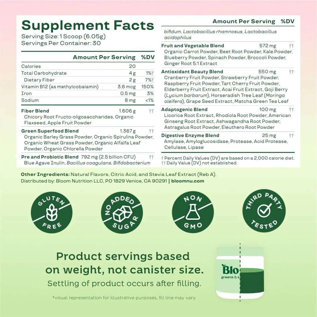 Bloom Nutrition Greens and Superfoods Powder for Digestive Health, Greens Powder, Digestive Enzymes, Probiotics, Spirulina, Chlorella for Bloating & Gut Support, Green Juice, 30 SVG, Strawberry Kiwi - Image 4