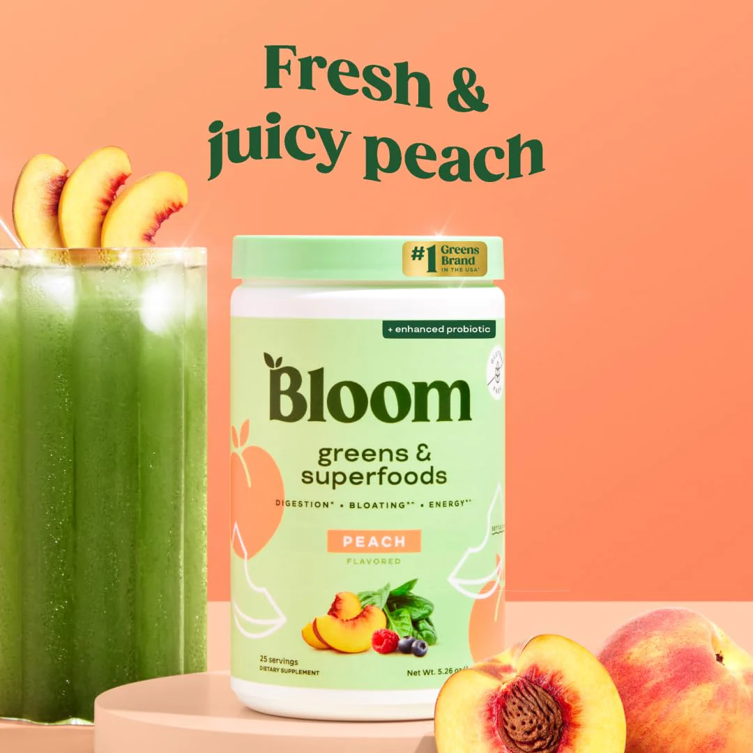 Bloom Nutrition Superfood Greens Powder, Digestive Enzymes with Probiotics and Prebiotics, Gut Health, Bloating Relief for Women, Chlorella, Green Juice Mix with Beet Root Powder, 25 SVG, Peach - Image 6