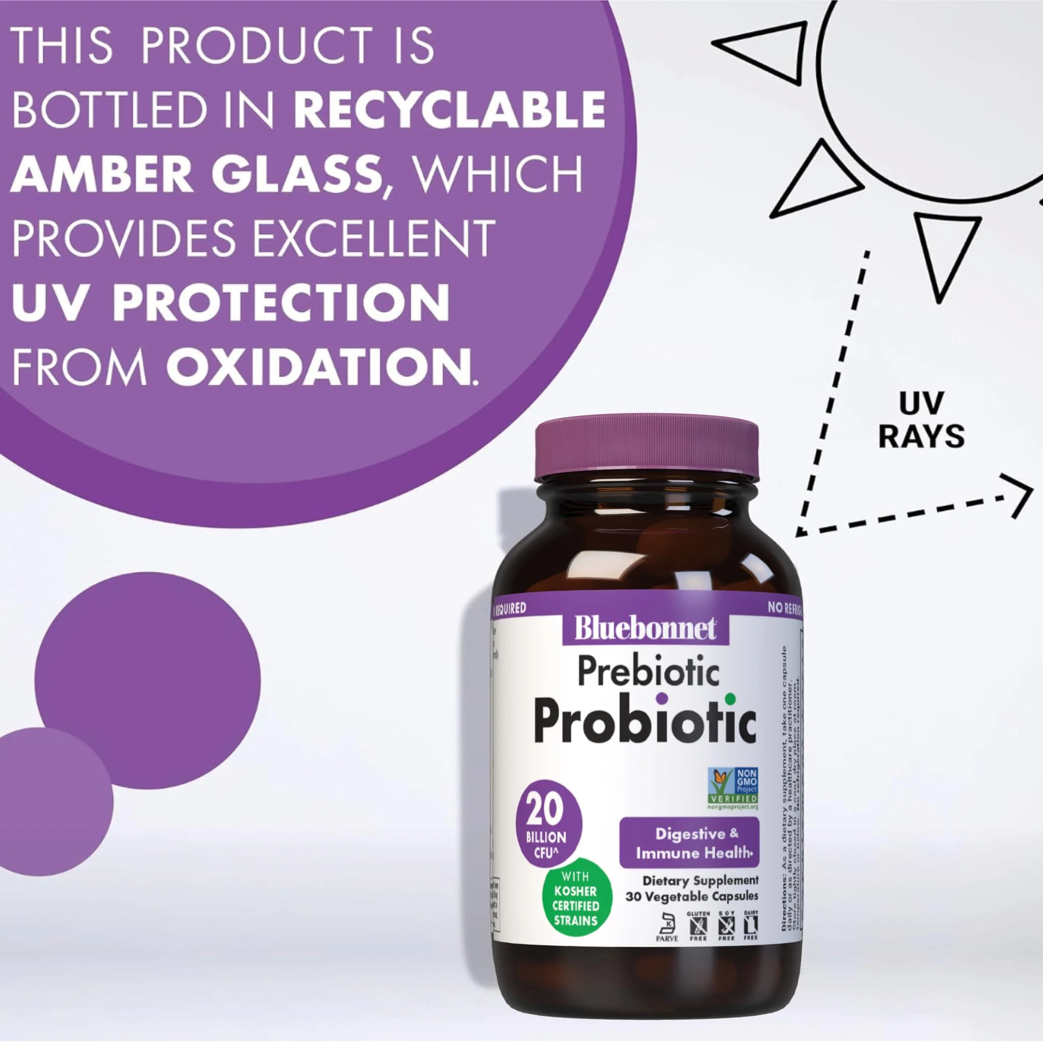 Bluebonnet Nutrition Prebiotic Probiotic 20 Billion CFU Shelf Stable - 5 Kosher Certified Strains – Digestion, Gut, & Immune* - Non-GMO, Gluten-Free, Soy-Free - 30 Vegetable Capsules, 30 Servings - Image 3
