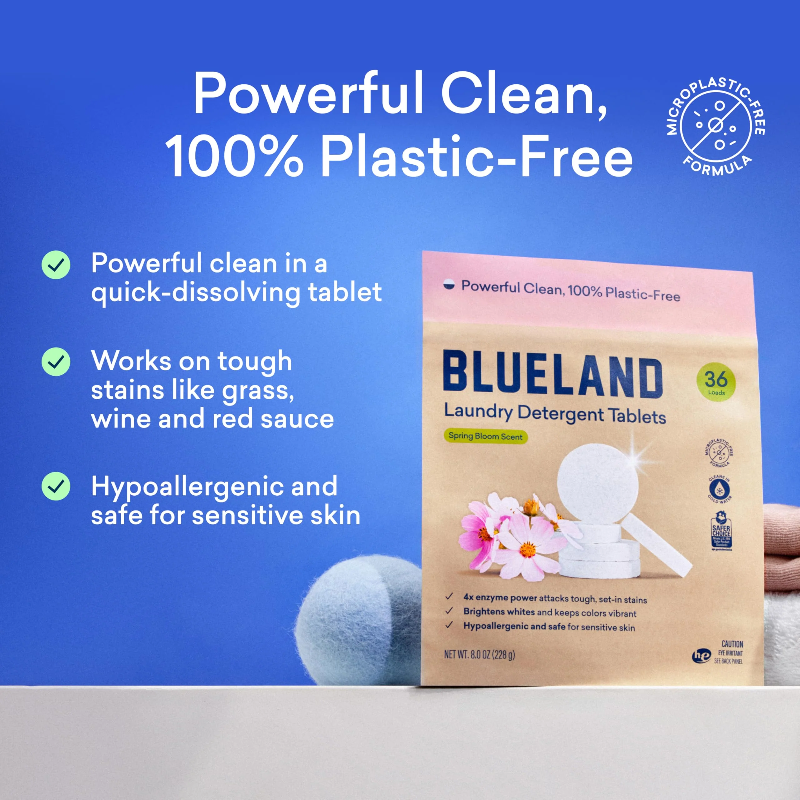 BLUELAND Laundry Detergent Tablets, 120 Count, Spring Bloom Scent, Plastic-Free Eco-Friendly Pods, Sheets, Liquid Alternative - Natural, Gentle, Non Toxic - Image 9