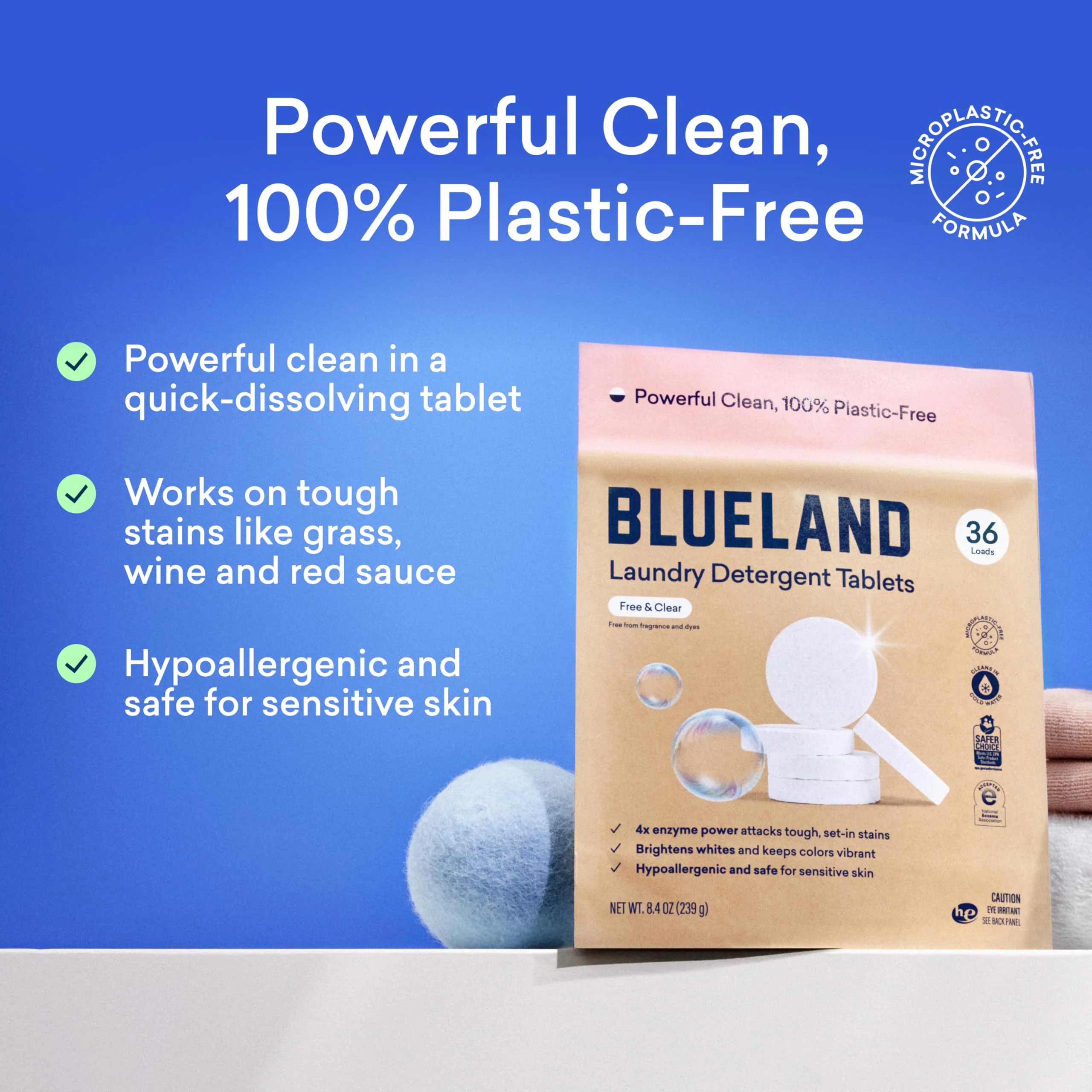 BLUELAND Laundry Essentials Kit, Plastic-Free Laundry Detergent Tablets, Oxi Booster, and Reuseable Natural Wool Dryer Balls, Fragrance Free and Clear - Image 9