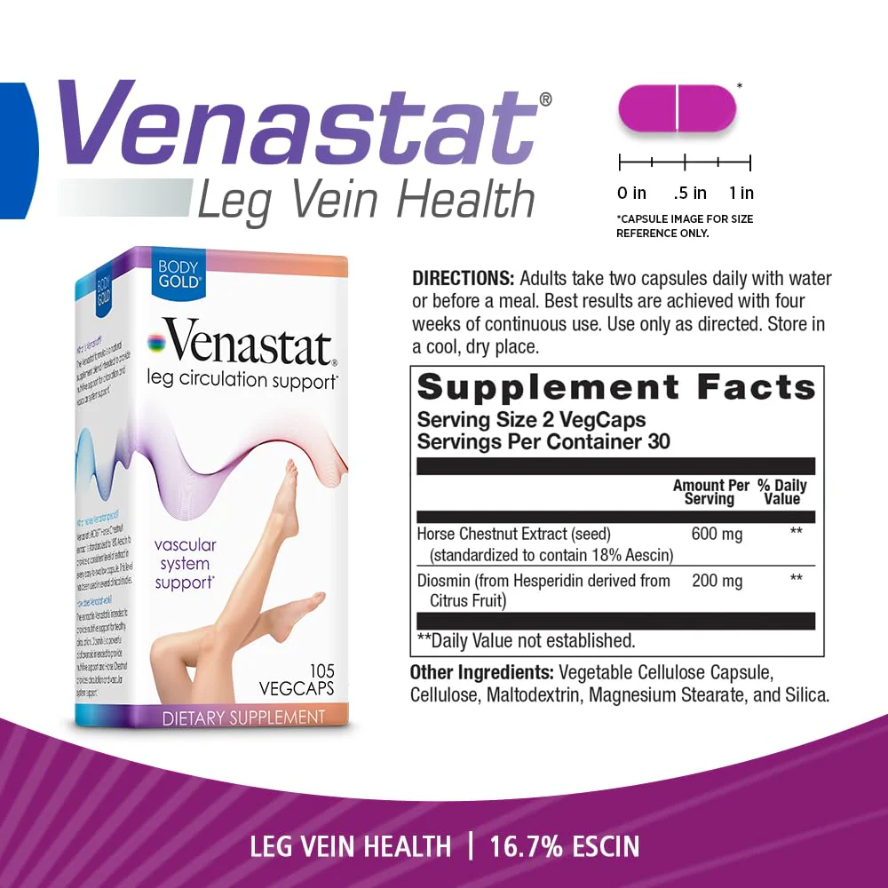 Body Gold Venastat - Leg Vein Support Supplements, Circulation Supplements with Horse Chestnut & Diosmin for Men & Women, Healthy Blood Flow - 105 Veggie Capsules - Image 5